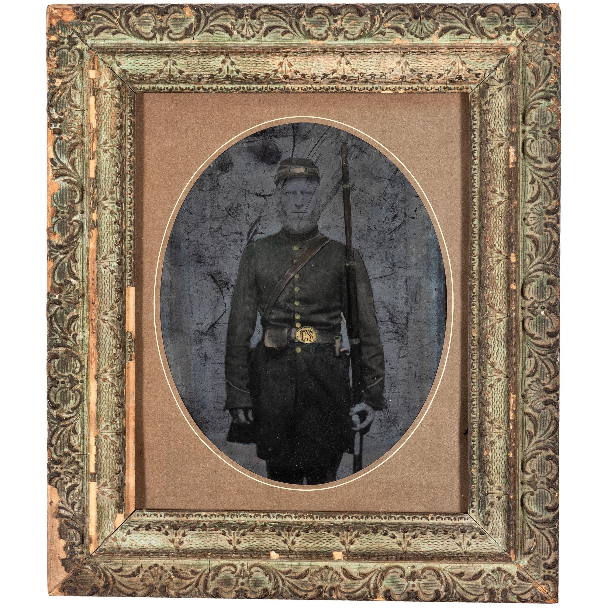 [EARLY PHOTOGRAPHY - PORTRAITURE]. A group of 6 folk art hand-painted tintypes of soldiers in uniform, comprising: