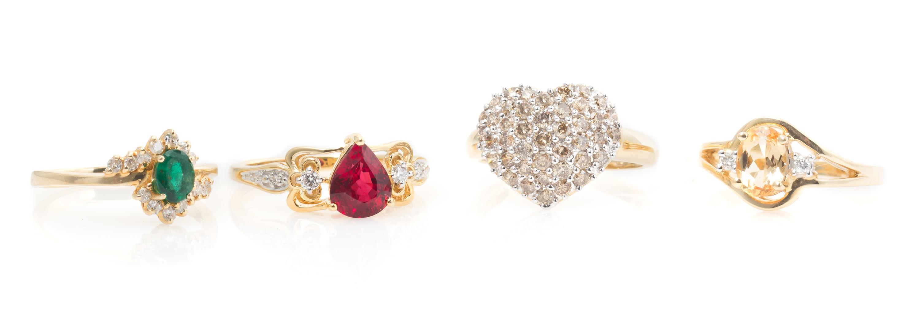 A Collection of Yellow Gold, Diamond and Colored Gemstone Rings, 8.50 dwts.