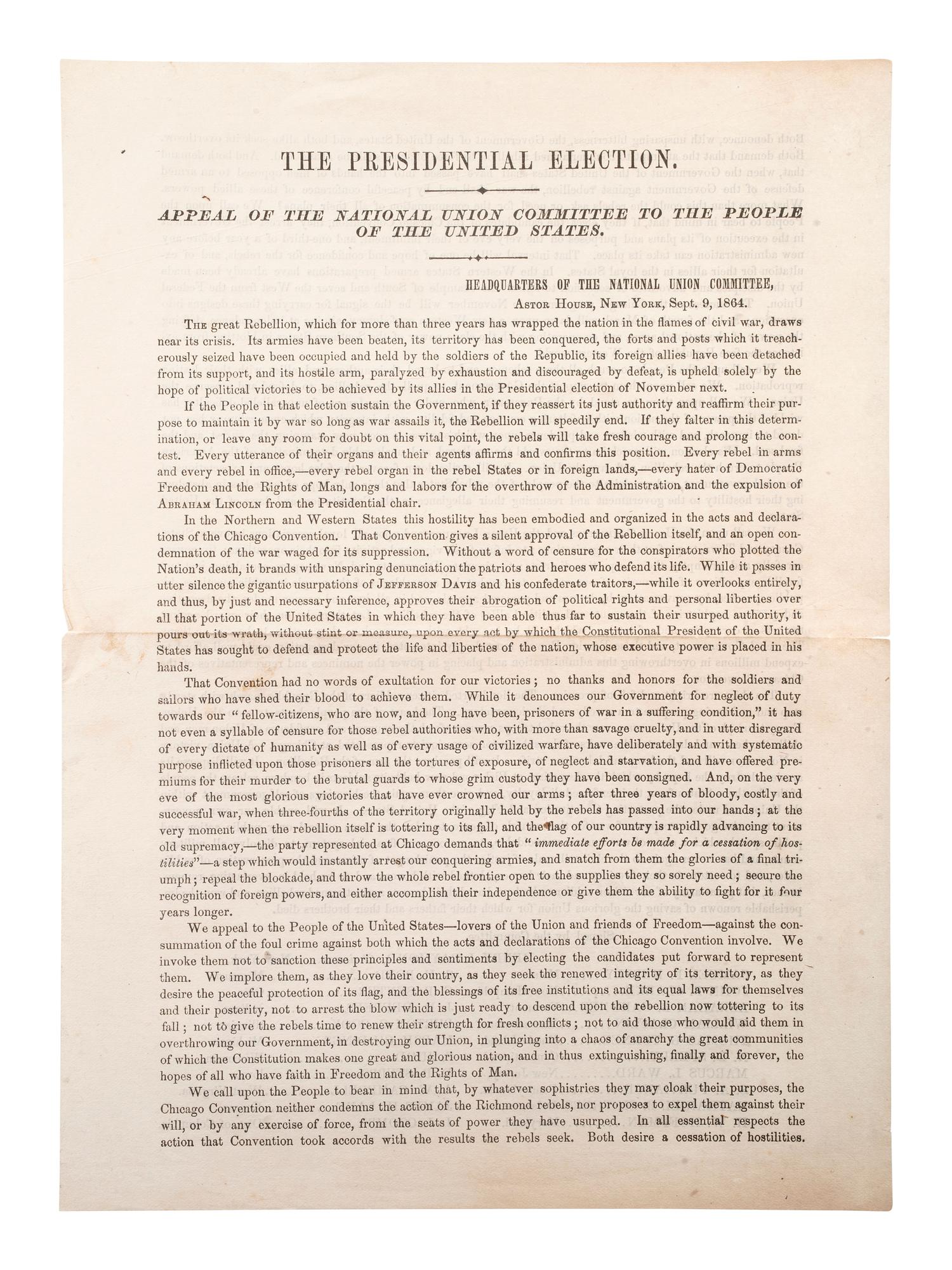 [CIVIL WAR -- 1864 PRESIDENTIAL ELECTION]. The Presidential Election. Appeal of the National Union Committee to the People of the United States. New York: National Union Committee, 1864.