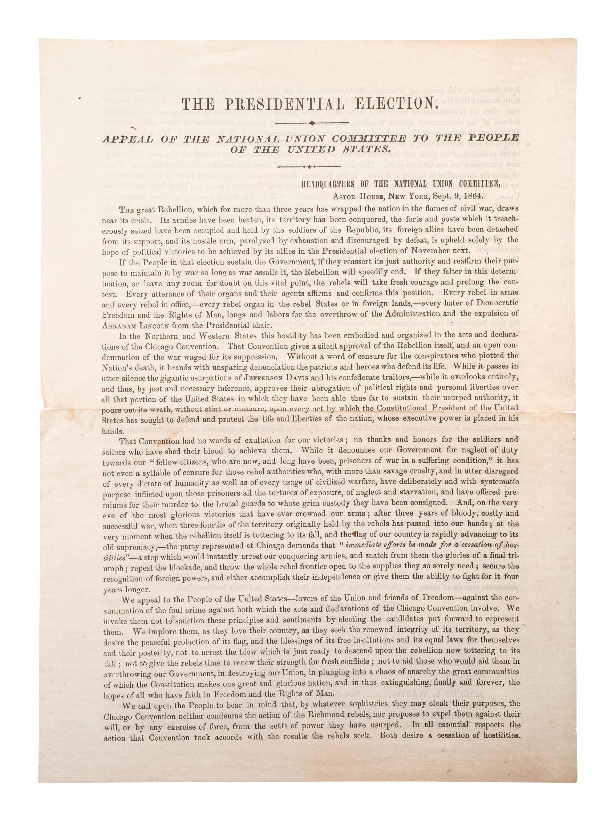 [CIVIL WAR -- 1864 PRESIDENTIAL ELECTION]. The Presidential Election. Appeal of the National Union Committee to the People of the United States. New York: National Union Committee, 1864.
