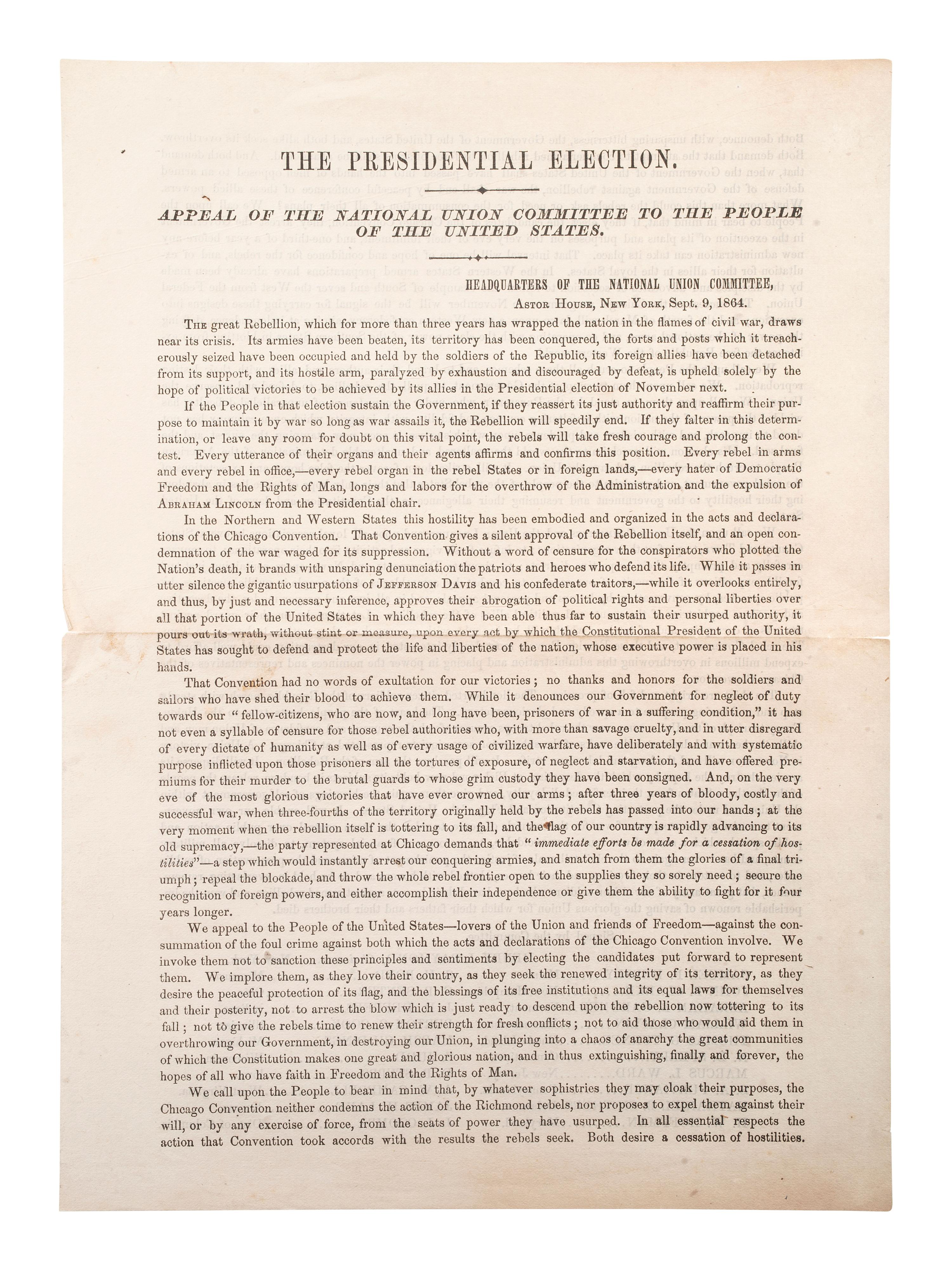 [CIVIL WAR -- 1864 PRESIDENTIAL ELECTION]. The Presidential Election. Appeal of the National Union Committee to the People of the United States. New York: National Union Committee, 1864.