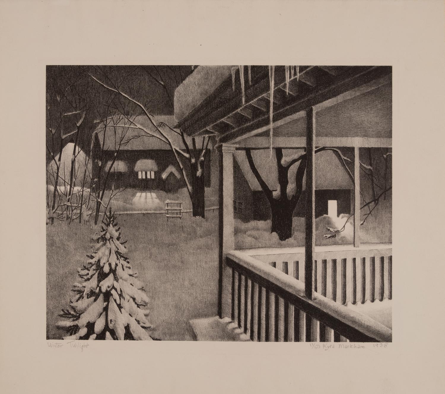 A group of four American prints (Ernest Fiene, New Snow ; Ernest Fiene, Rural Village ; Kyra Markham; Winter Twilight ; Ronau Woiceske, Winter Chores)