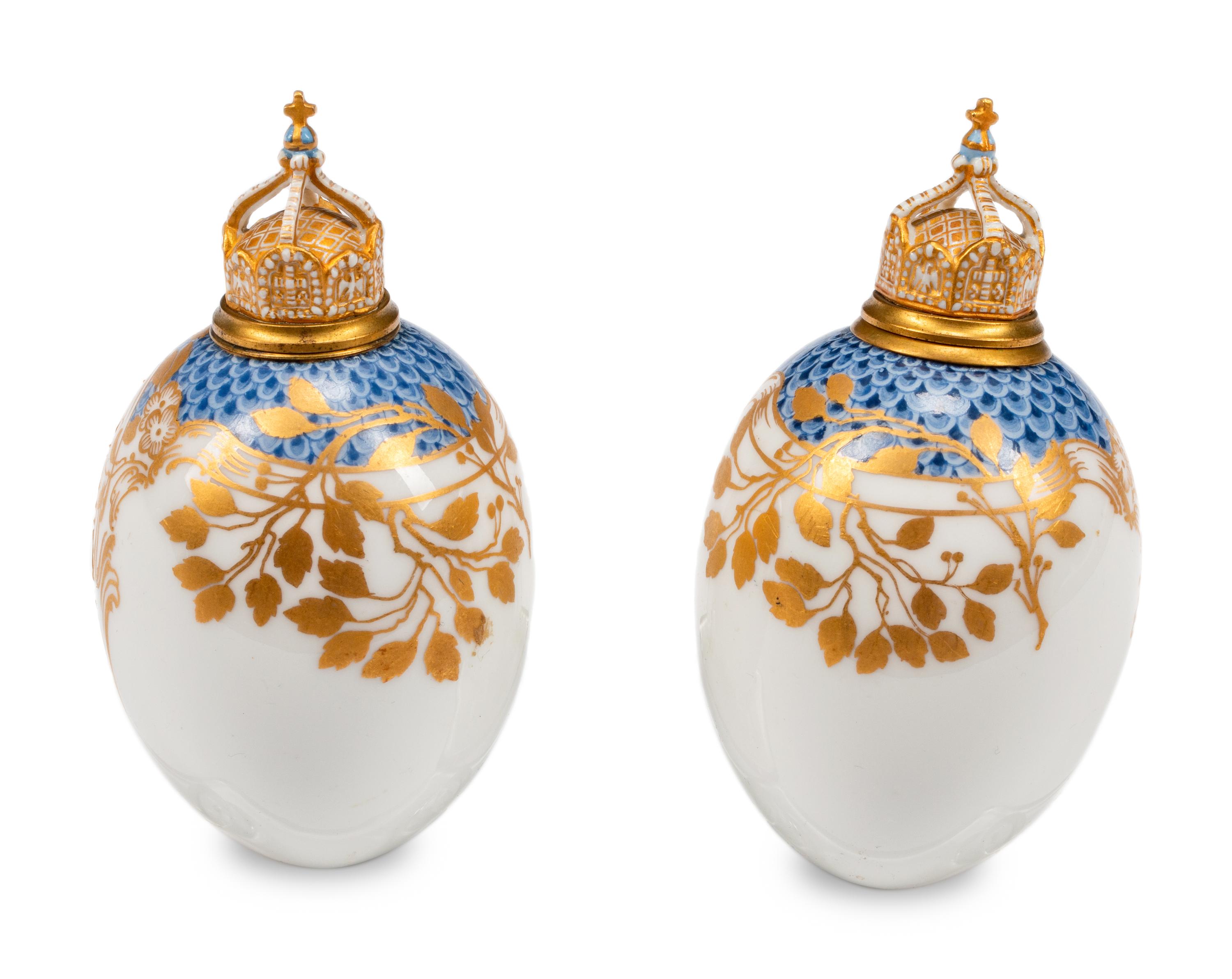 Two Continental Porcelain Egg-Form Scent Bottles