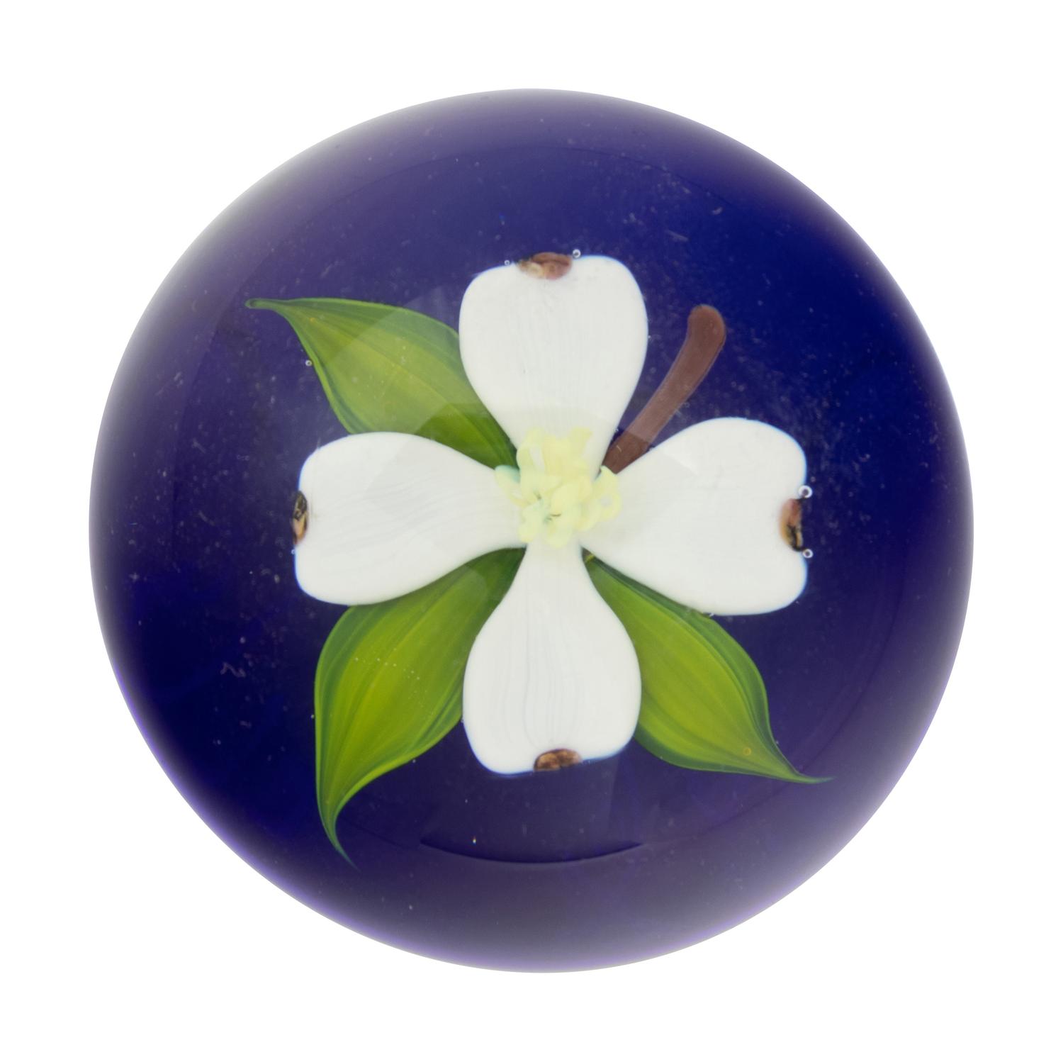 A Paul Stankard Large White Blossom on Blue Ground Glass Paperweight