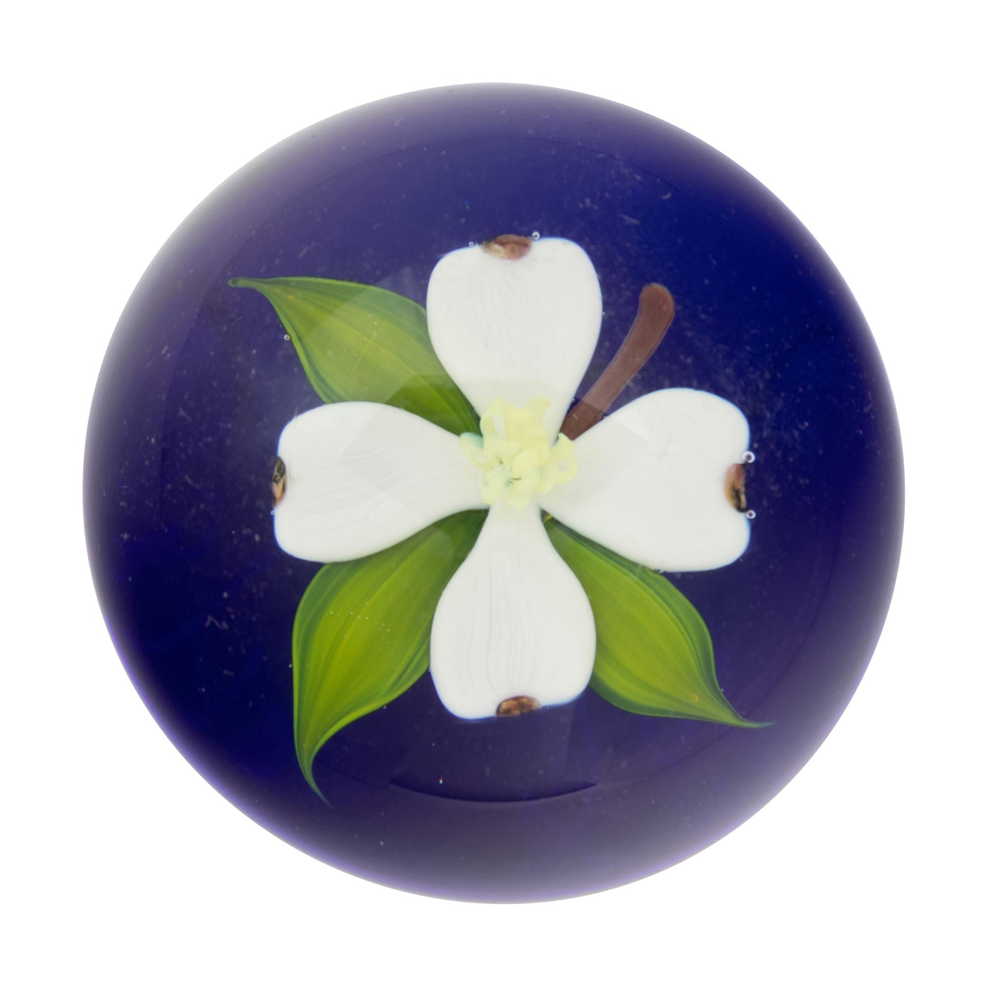 A Paul Stankard Large White Blossom on Blue Ground Glass Paperweight