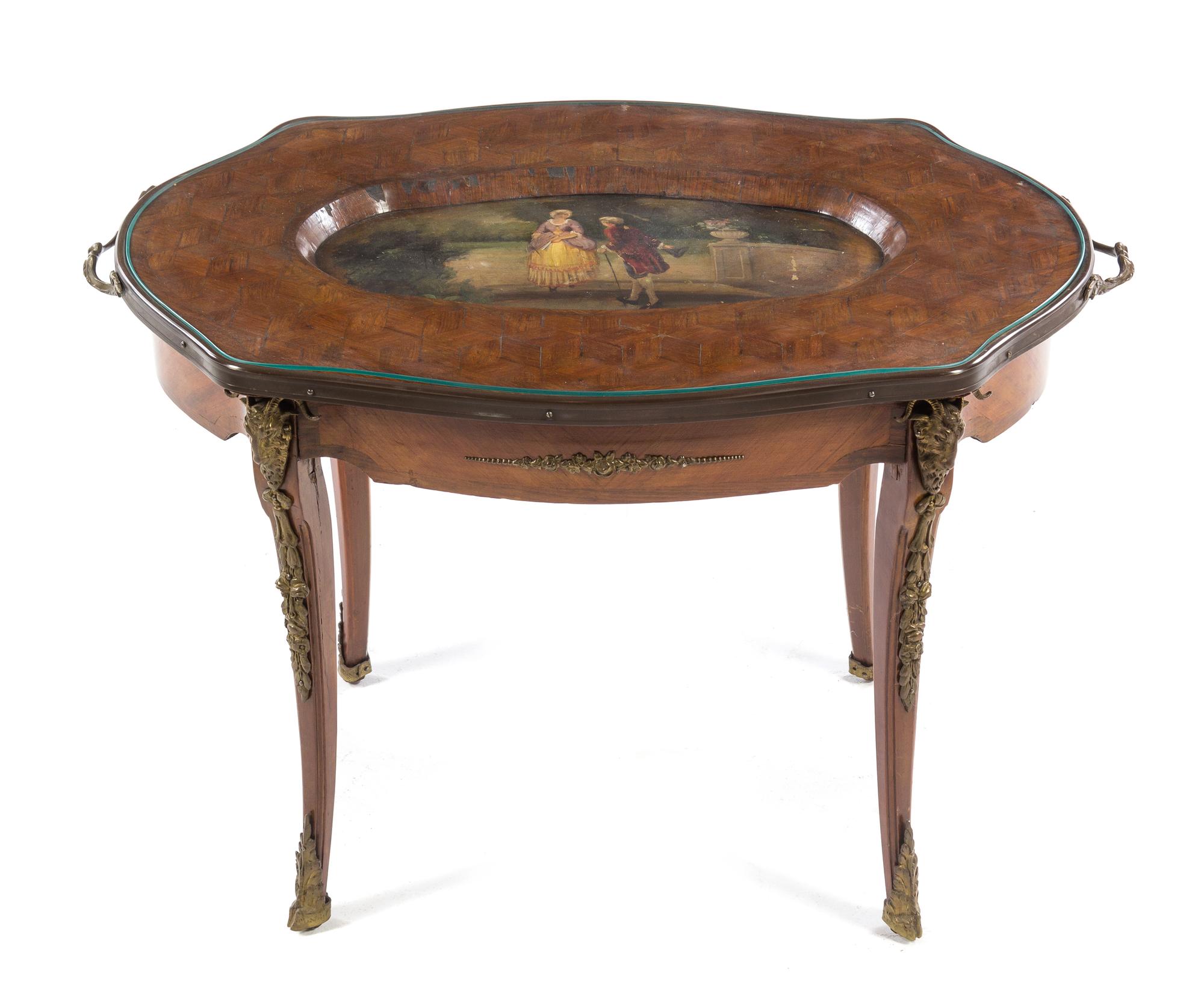 An Italian Parquetry and Painted Low Table Height 21 3/8 x width 31 3/8 x depth 20 5/8 inches. — EARLY 20TH CENTURY