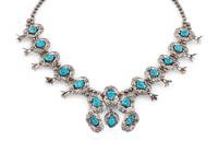 Navajo Sterling Silver and Turquoise Squash Blossom Necklace