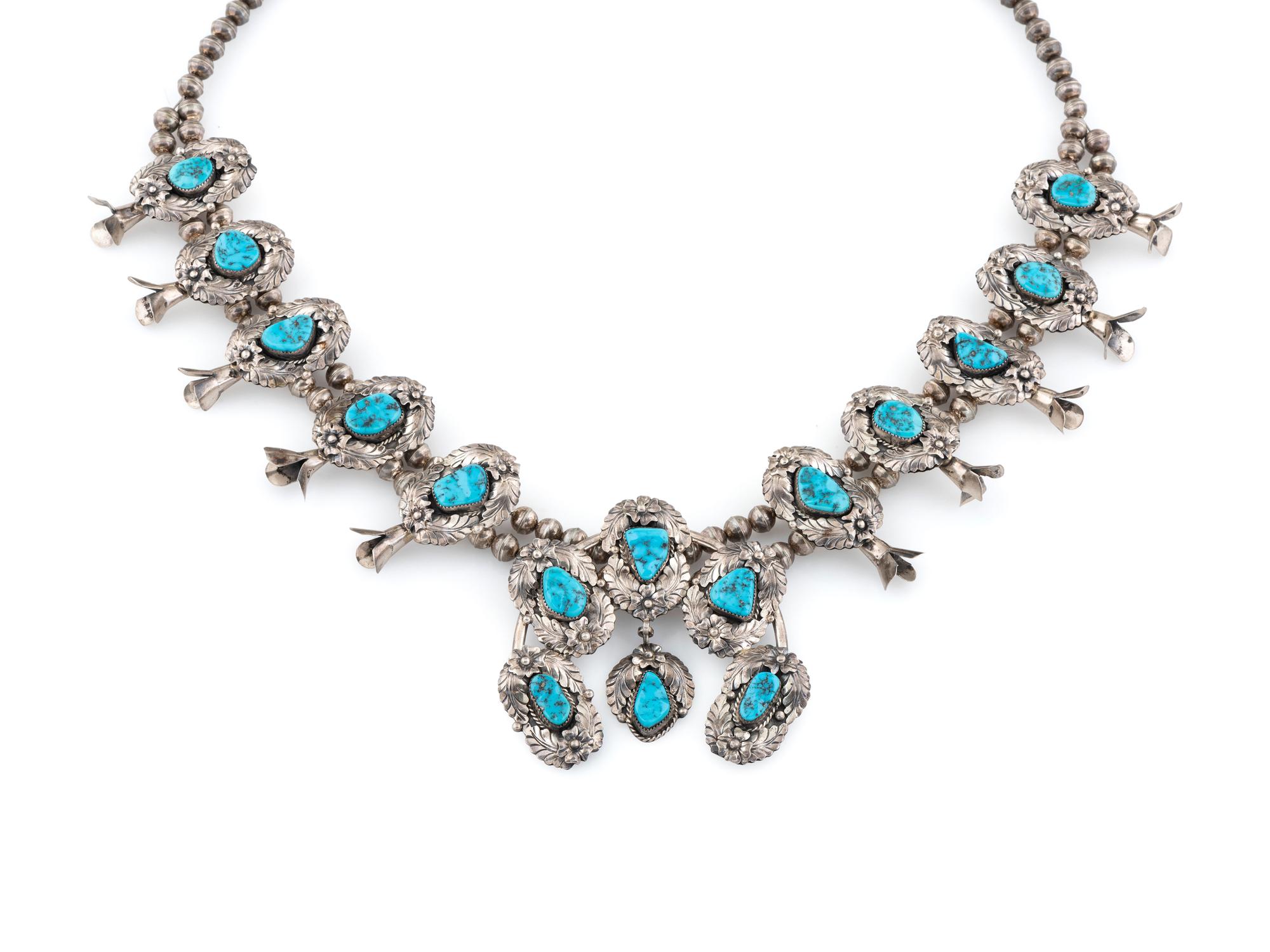 Navajo Sterling Silver and Turquoise Squash Blossom Necklace
