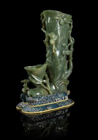 A Russet and Green Jade Flower Vase