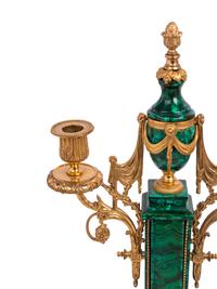 A Pair of Empire Style Gilt Metal and Malachite Veneered Two-Light Candelabra