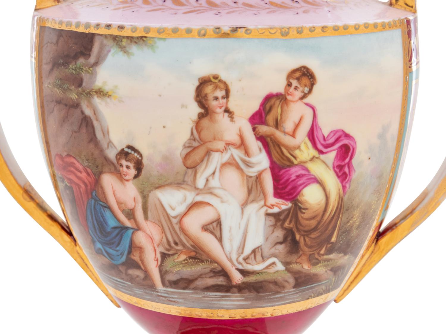A Pair of Vienna Painted Porcelain Covered Urns and Stands