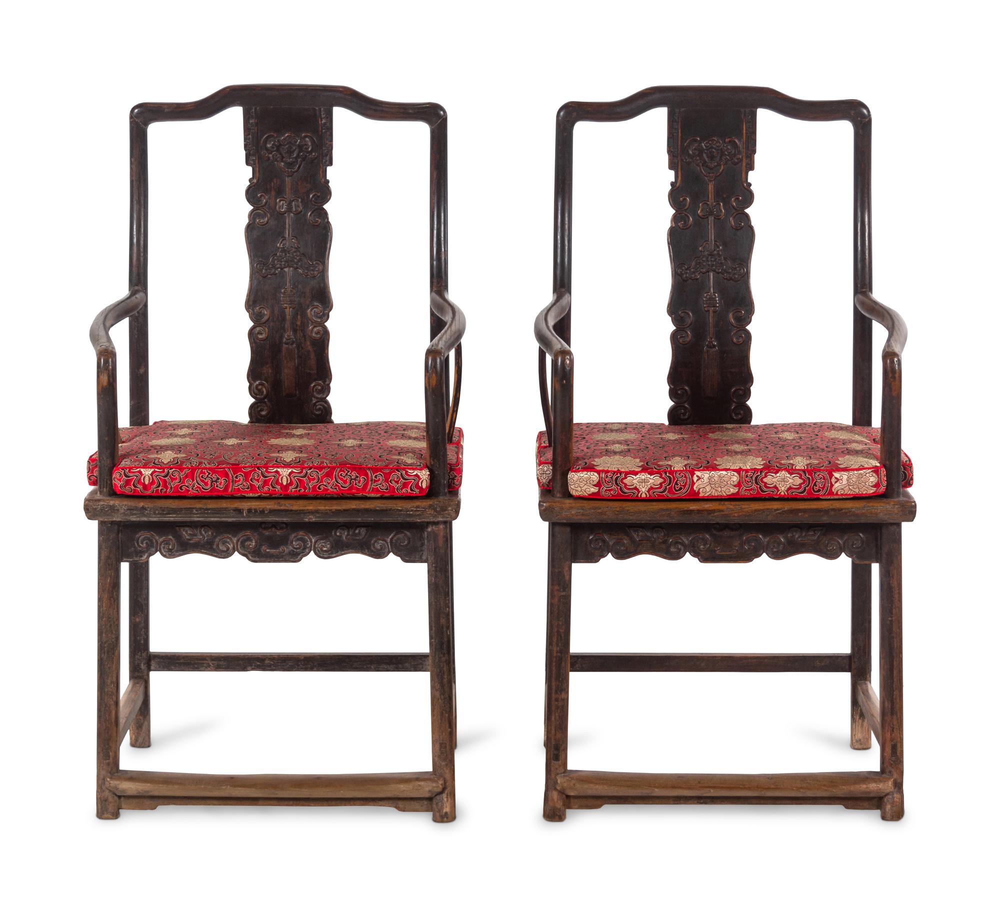 A Pair of Chinese Brown Lacquered Elmwood Scholar's Armchairs, Guanmaoyi