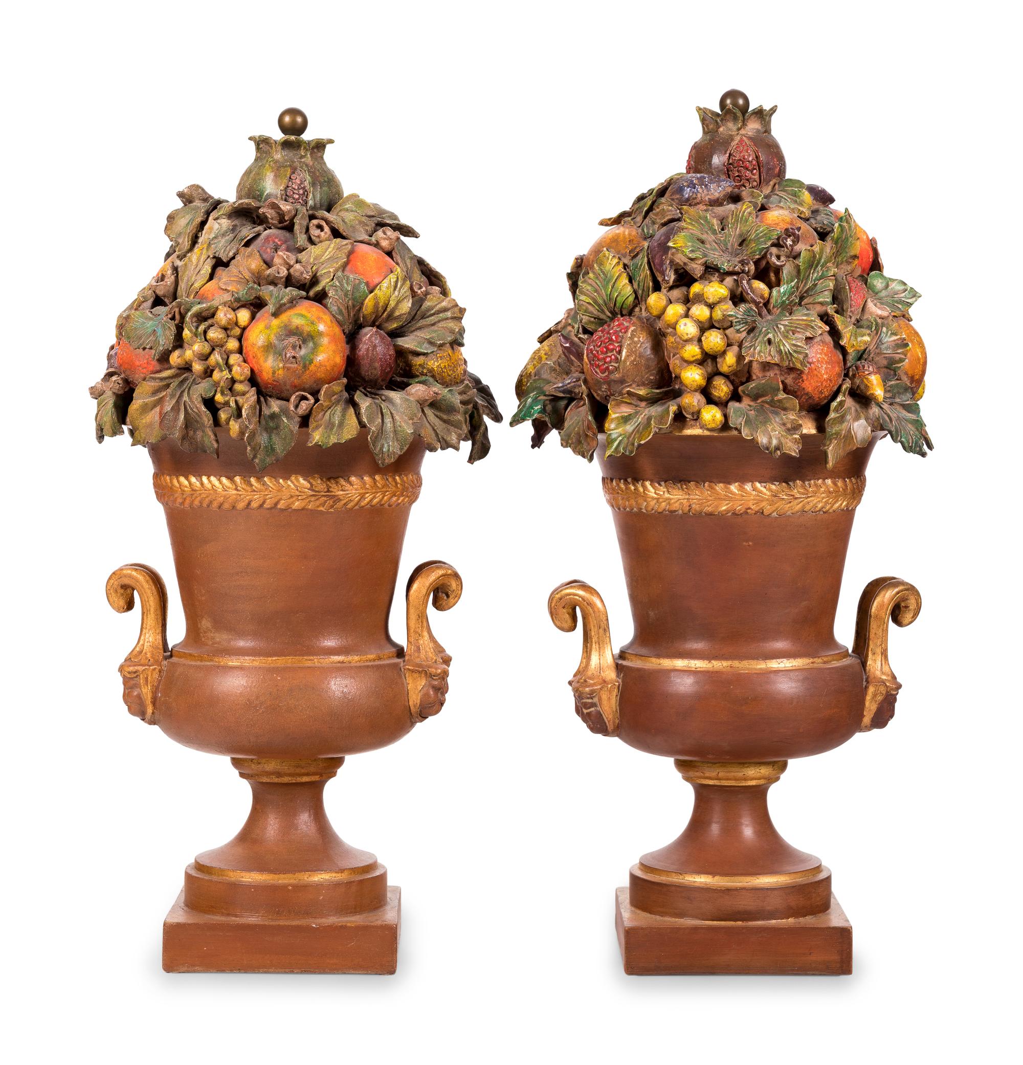A Pair of Painted and Parcel Gilt Terra Cotta Flowering Urns