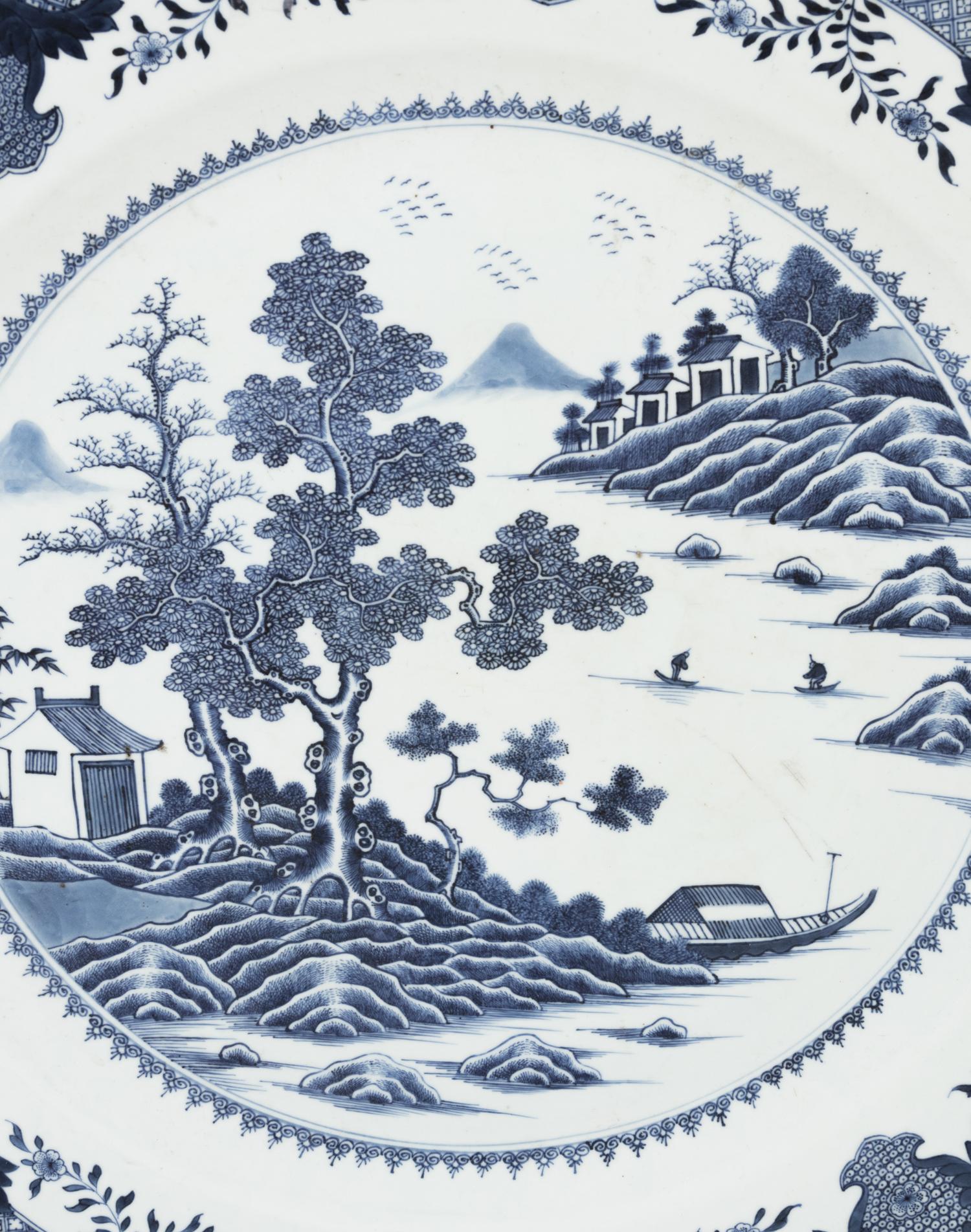 A Large Chinese Export Blue and White Porcelain 'Landscape' Charger