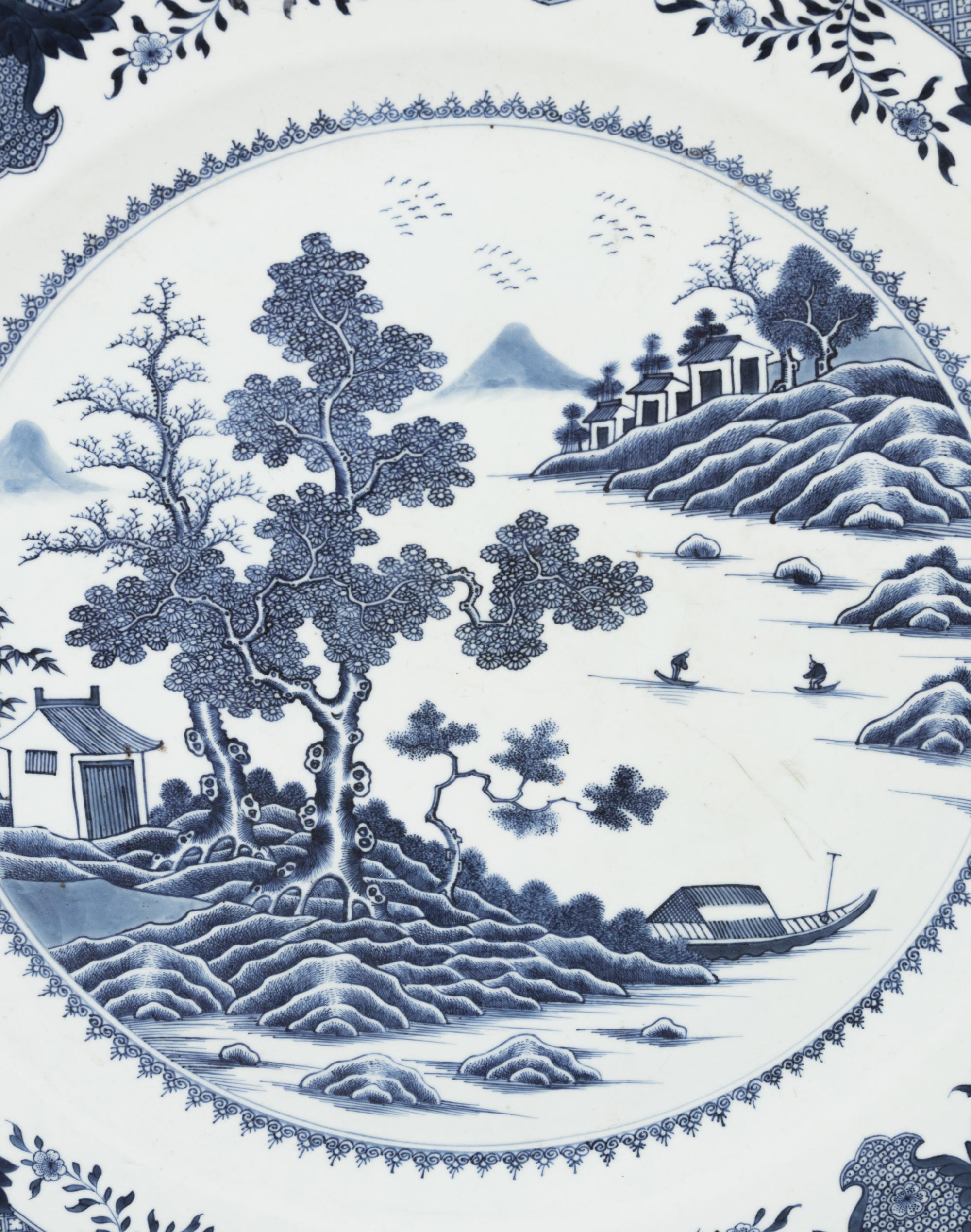 A Large Chinese Export Blue and White Porcelain 'Landscape' Charger
