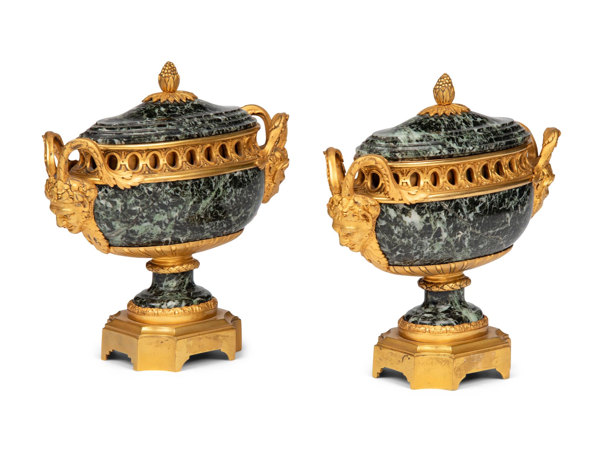A Pair of Louis XVI Style Gilt Bronze Mounted Verde Antico Marble Vases Navettes