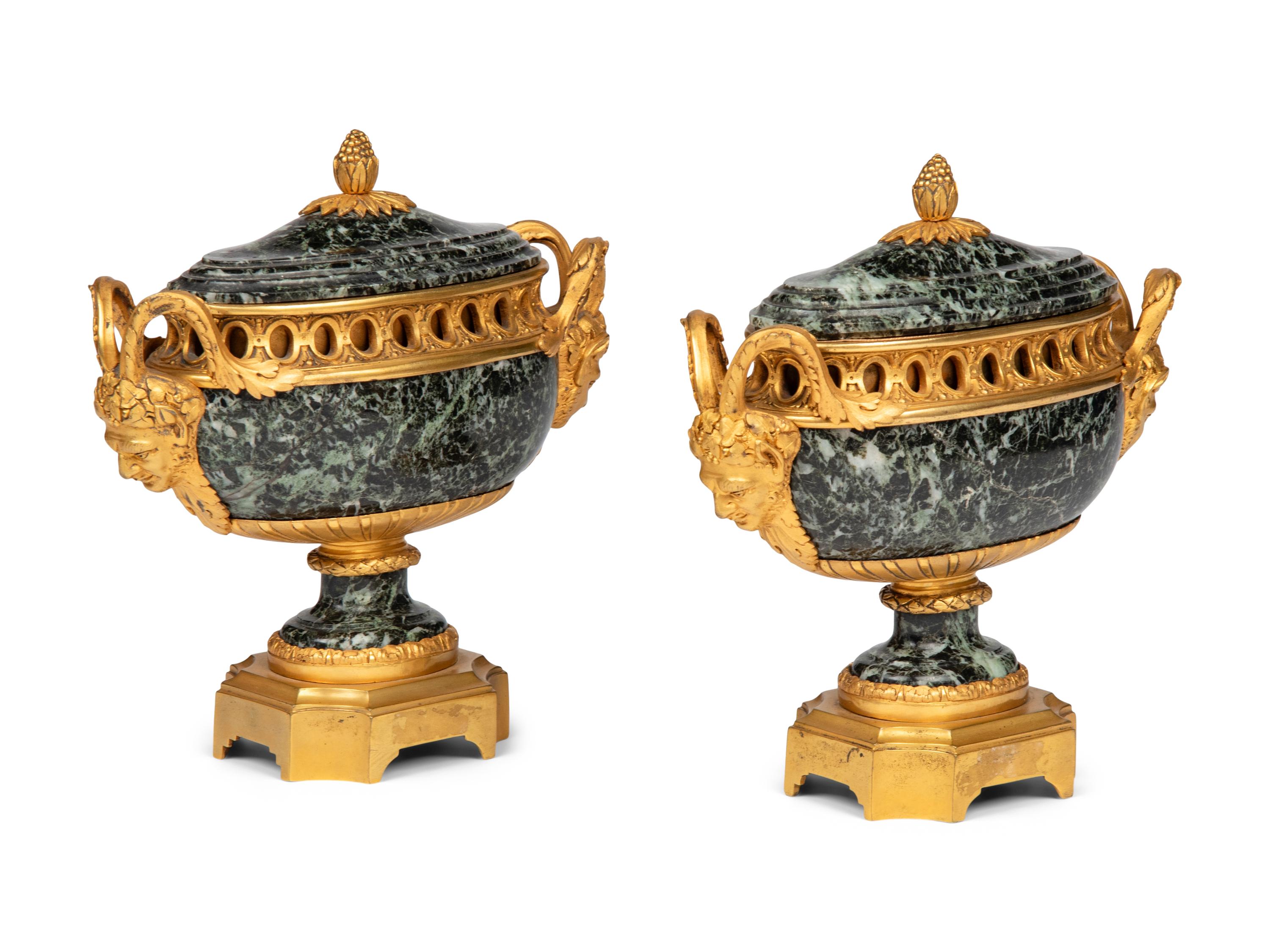 A Pair of Louis XVI Style Gilt Bronze Mounted Verde Antico Marble Vases Navettes