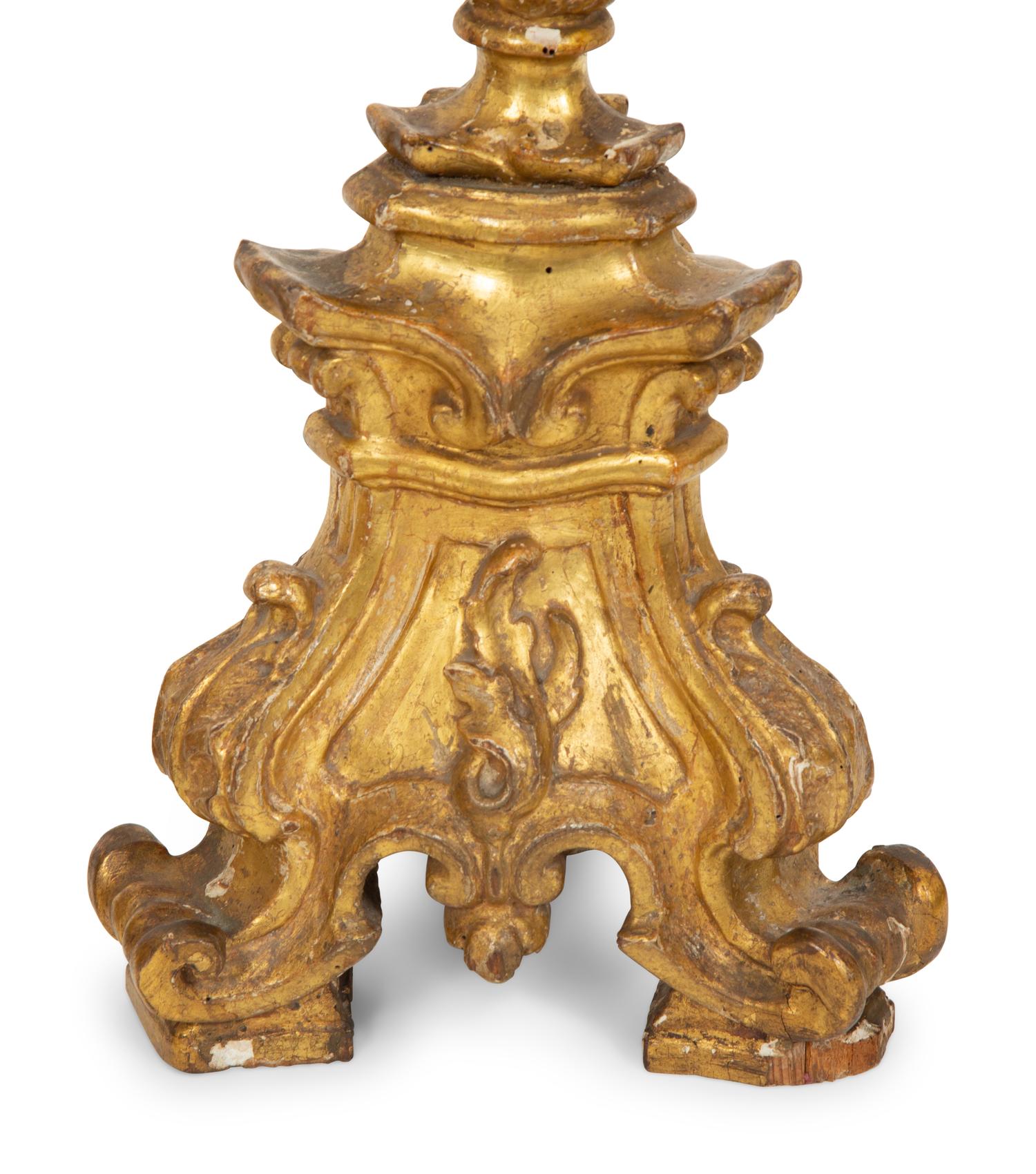 A Pair of Italian Giltwood Altar Candlesticks with Hurricane Shades