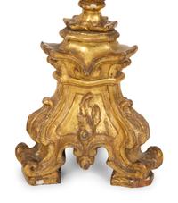 A Pair of Italian Giltwood Altar Candlesticks with Hurricane Shades