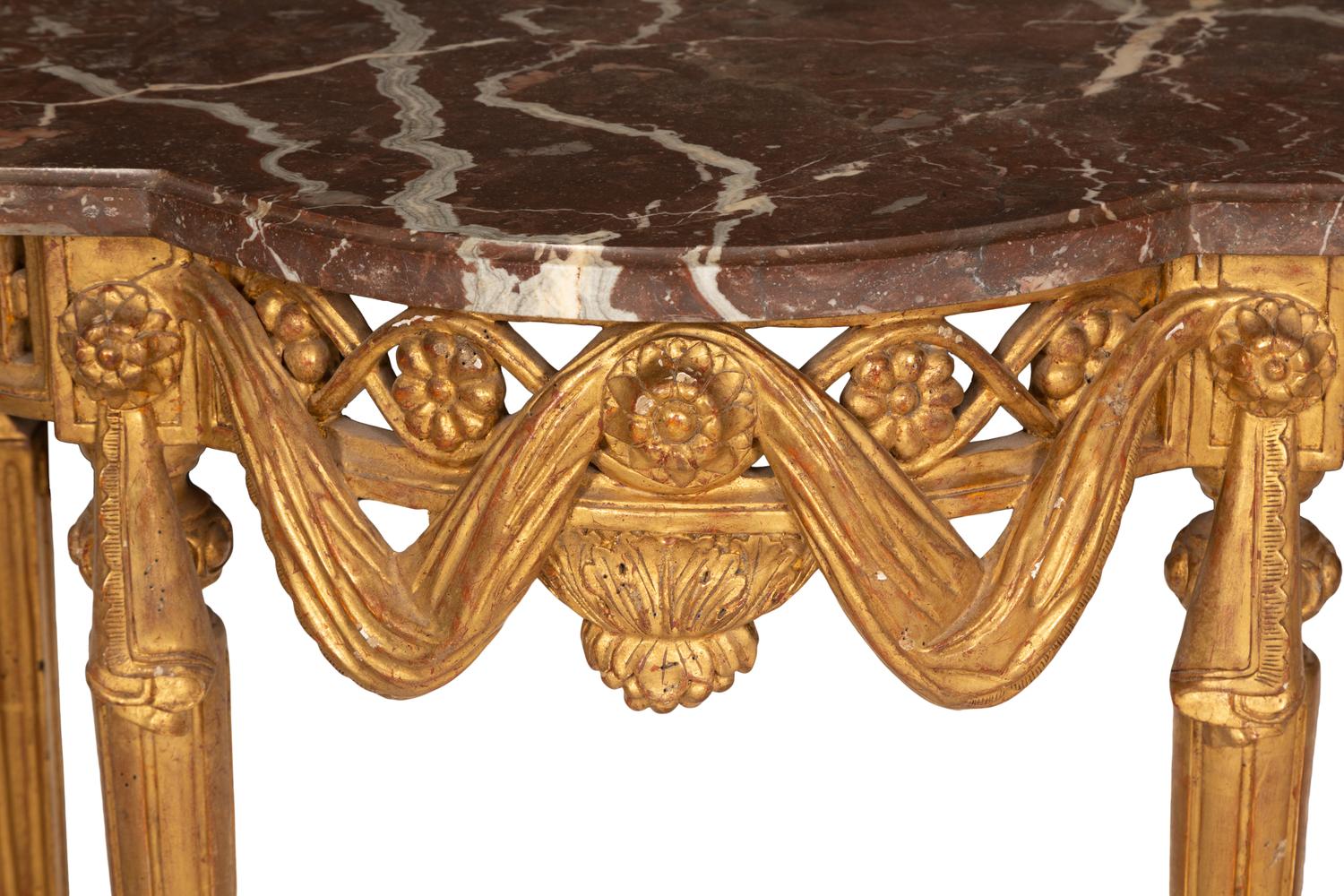 A Pair of Louis XVI Style Giltwood Marble-Top Console Tables