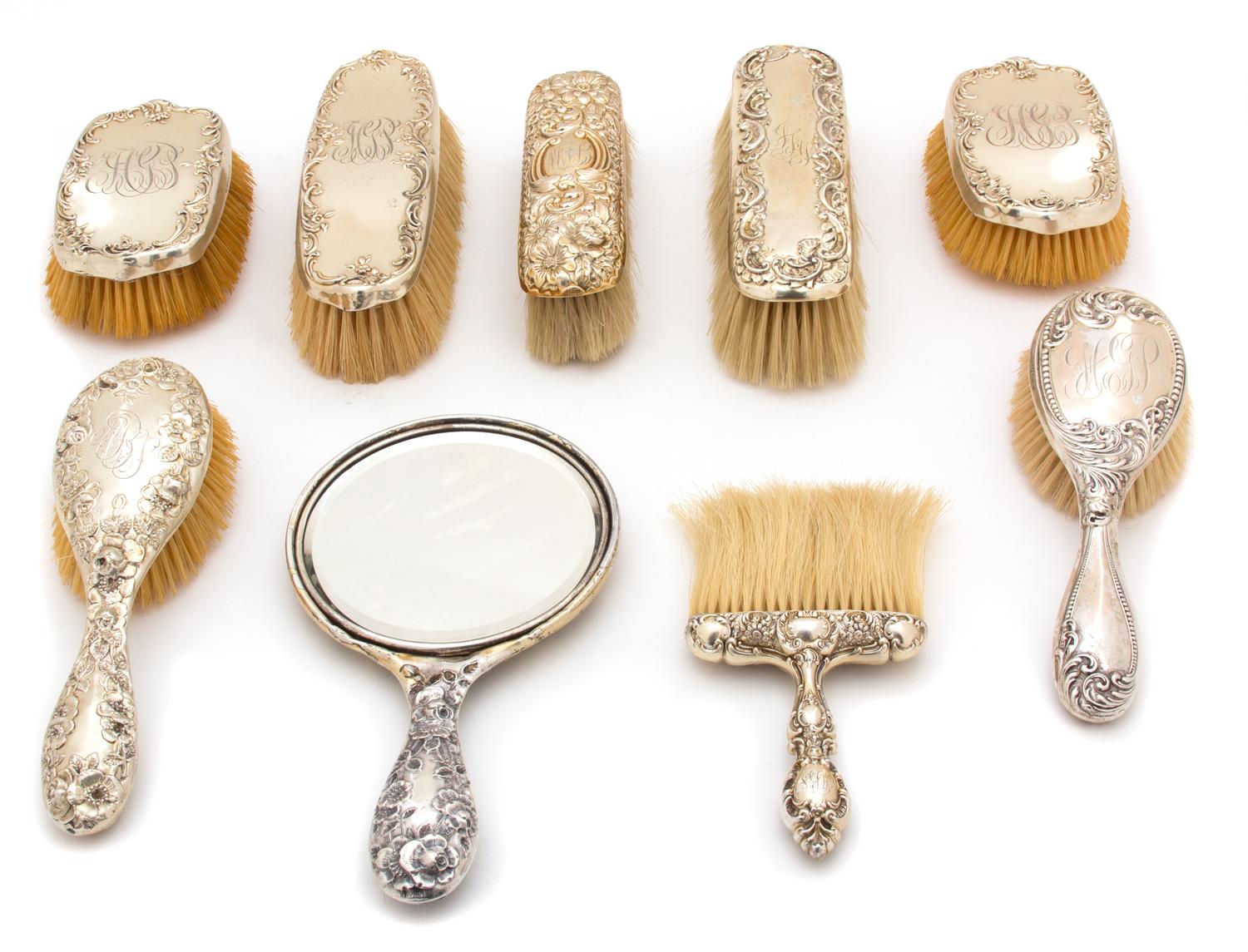 A Miscellaneous Collection of Sterling Silver Vanity Articles Length of mirror 9 1/4 inches — Various Makers