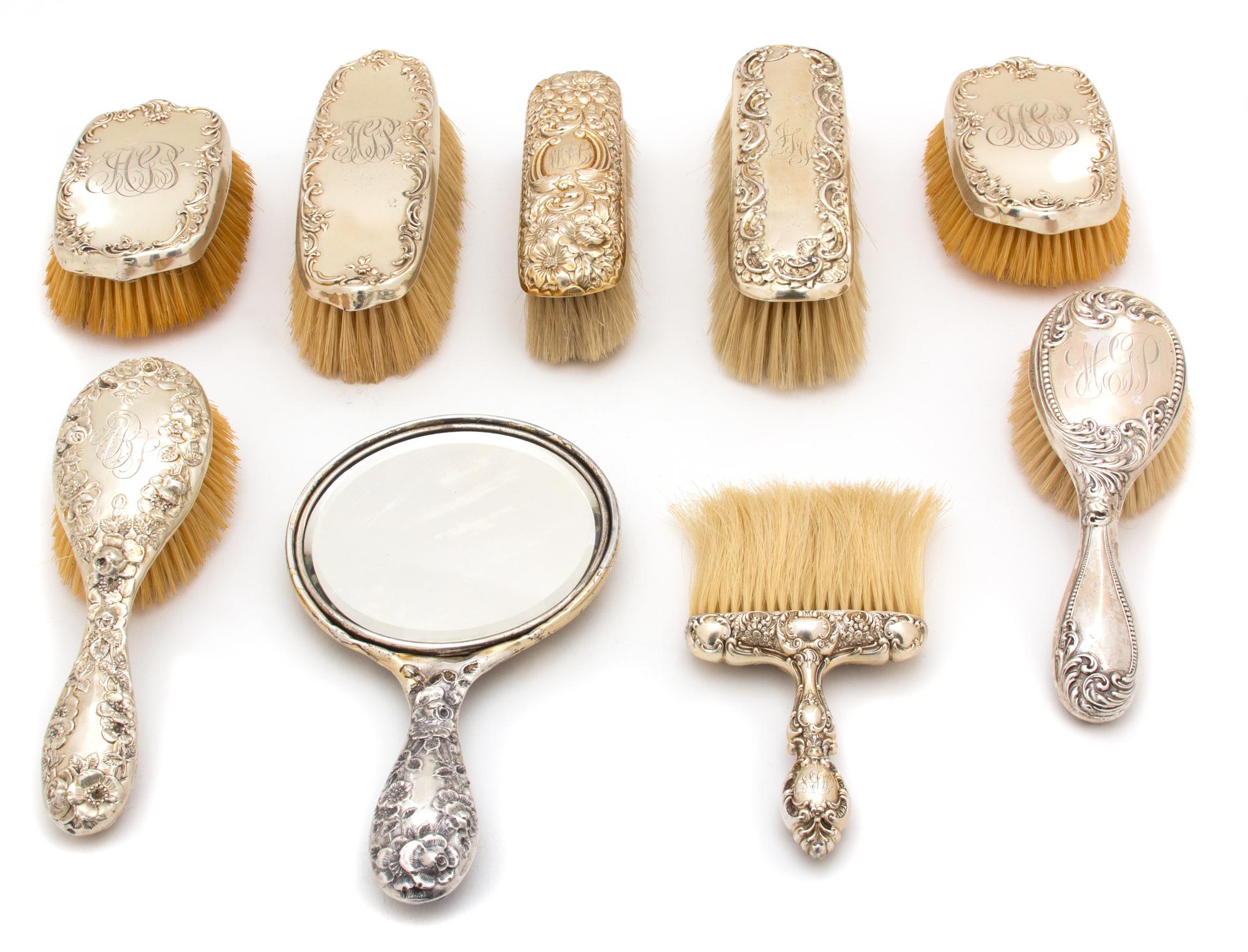 A Miscellaneous Collection of Sterling Silver Vanity Articles Length of mirror 9 1/4 inches — Various Makers