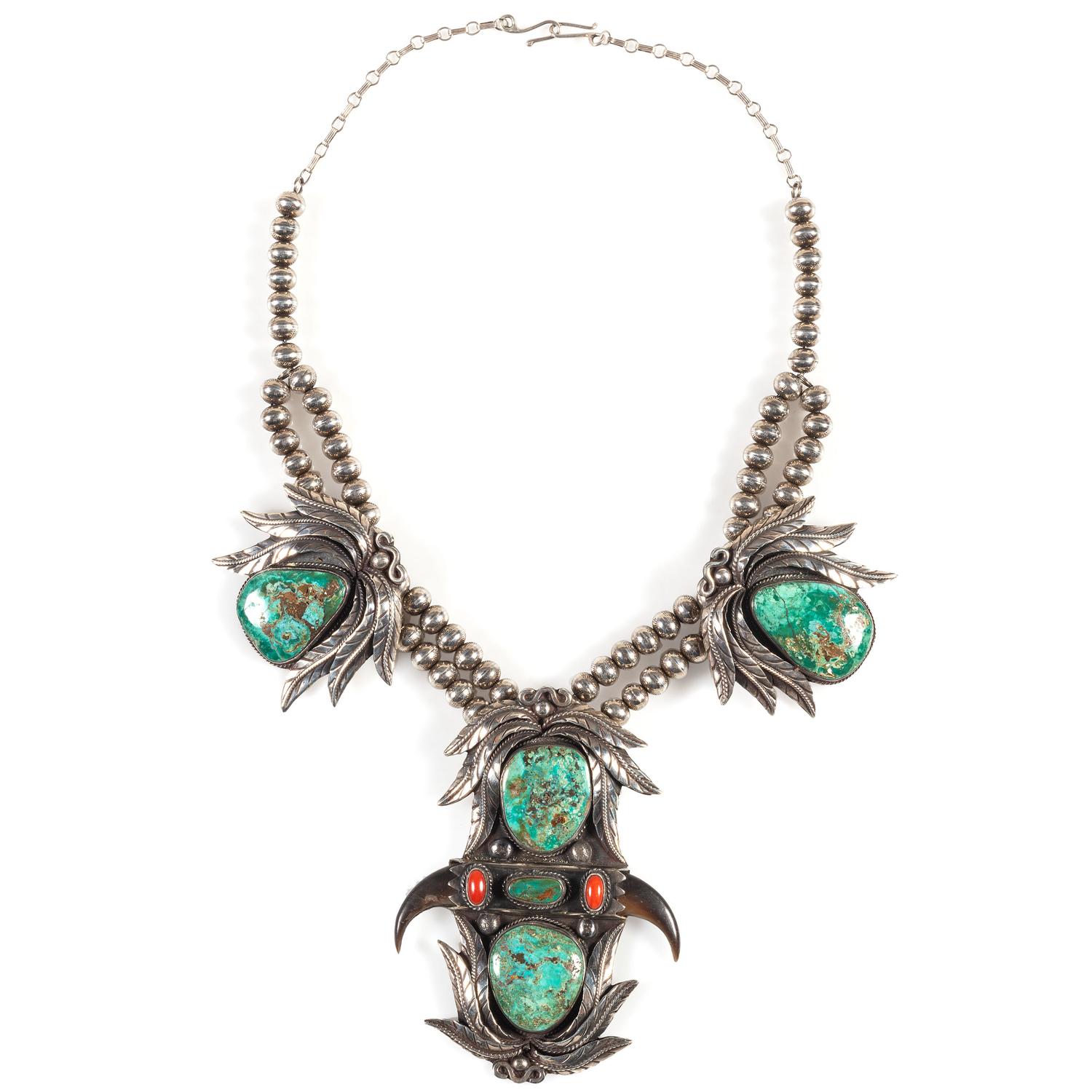 Navajo Silver, Turquoise, Coral, and Claw Necklace