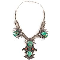 Navajo Silver, Turquoise, Coral, and Claw Necklace