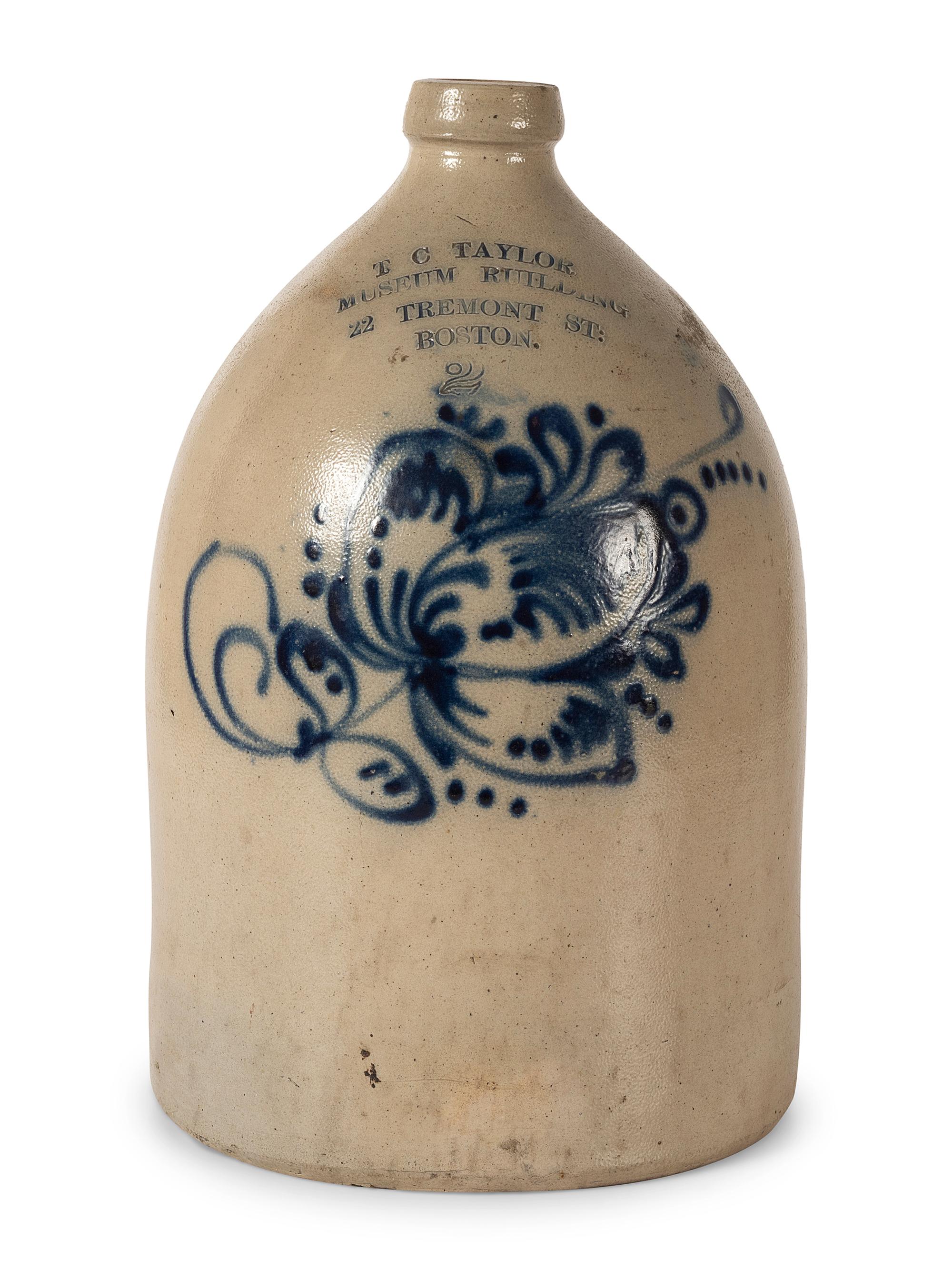 A Two-Gallon Cobalt Decorated Stoneware Advertising Jug