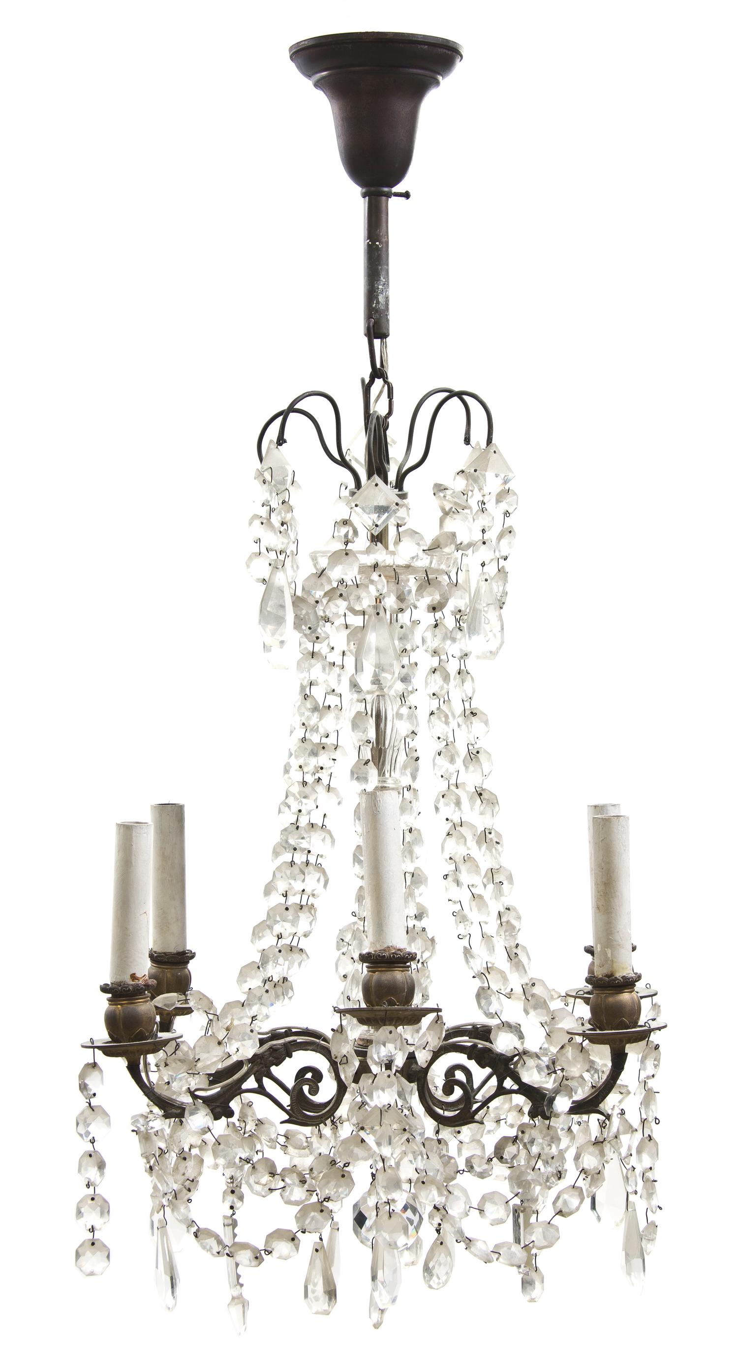 A Continental Cased Glass Six-Light Chandelier, Height 30 x diameter 17 1/4 inches.