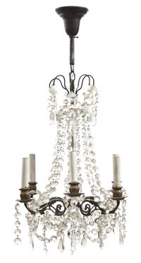 A Continental Cased Glass Six-Light Chandelier, Height 30 x diameter 17 1/4 inches.