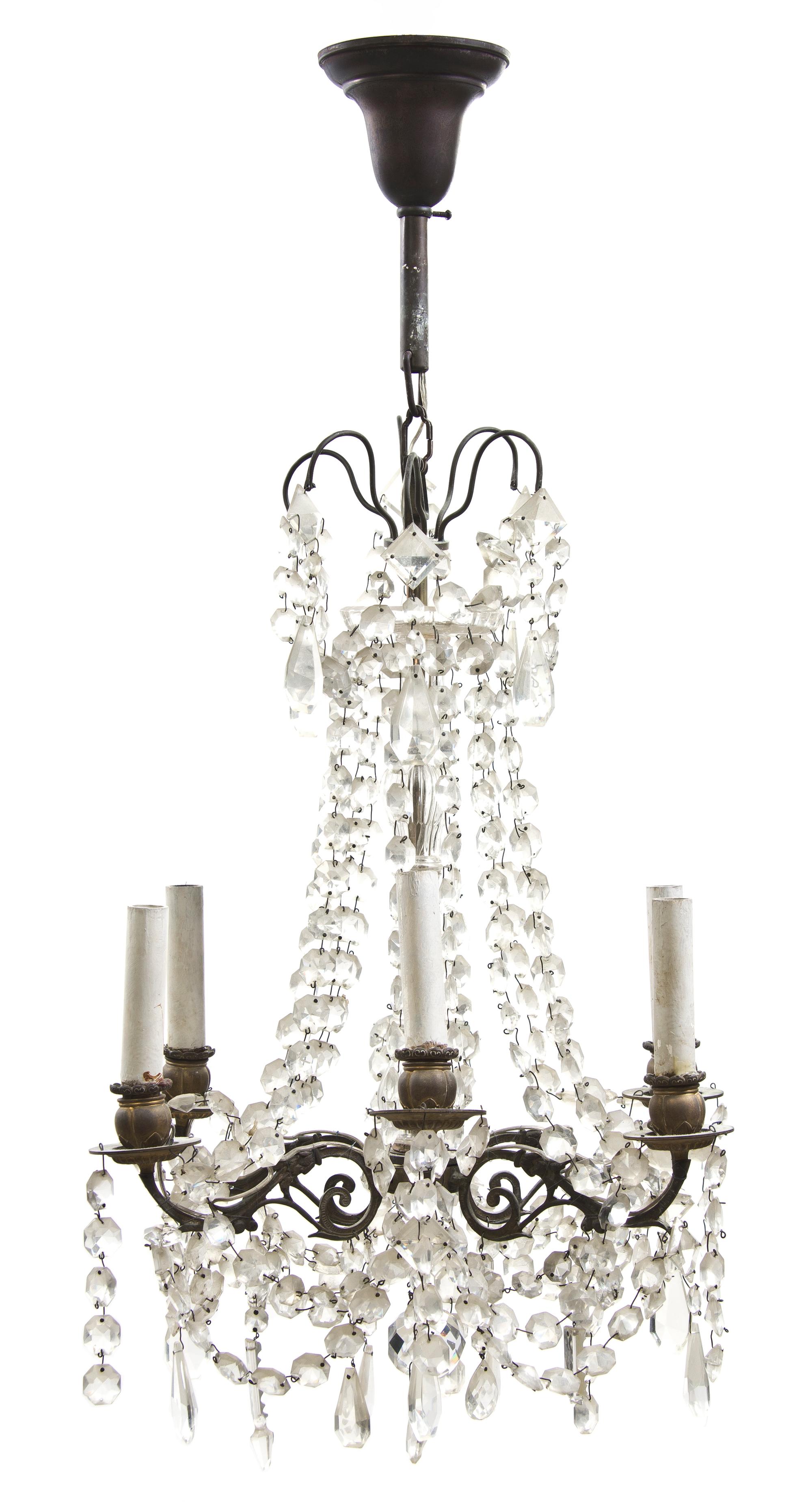 A Continental Cased Glass Six-Light Chandelier, Height 30 x diameter 17 1/4 inches.