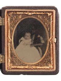 [EARLY PHOTOGRAPHY]. Ninth plate tintype portrait featuring a young African American girl holding a white baby.