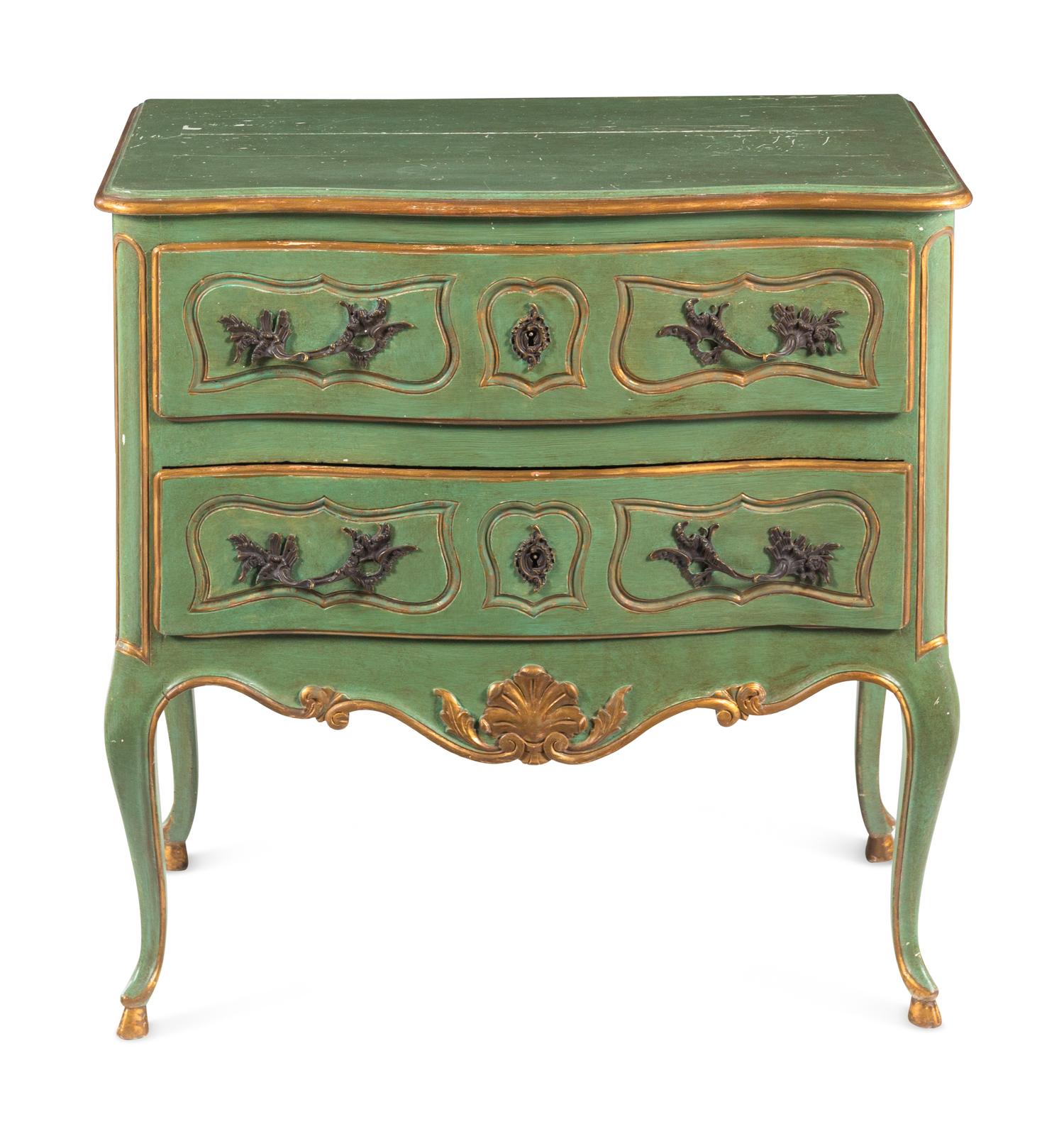A Louis XV Provincial Style Green-Painted and Parcel-Gilt Commode