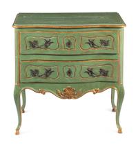 A Louis XV Provincial Style Green-Painted and Parcel-Gilt Commode