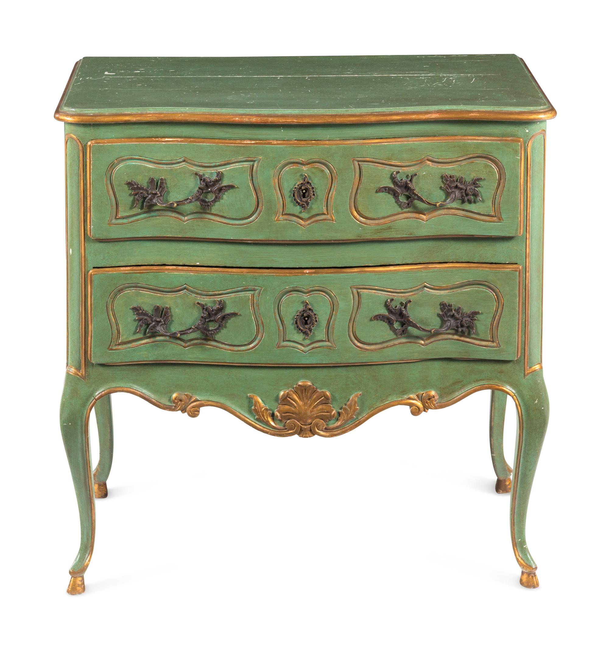 A Louis XV Provincial Style Green-Painted and Parcel-Gilt Commode