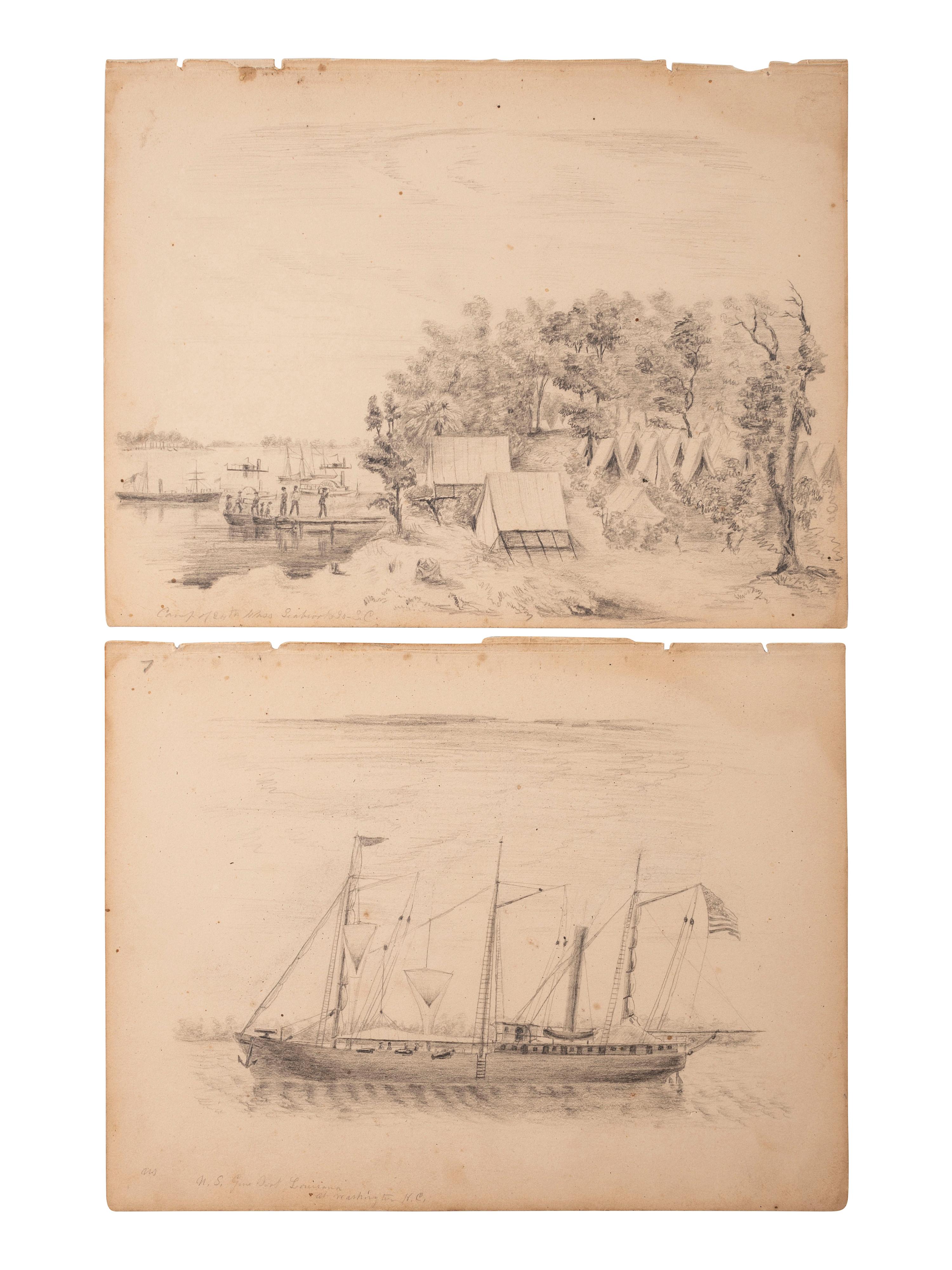 [CIVIL WAR]. A group of 7 items associated with James M. Barnard, 24th and 44th Massachusetts Infantry, highlighted by war-date sketches by Barnard, an autographed CDV, and a regimental history of the 24th Massachusetts Infantry.