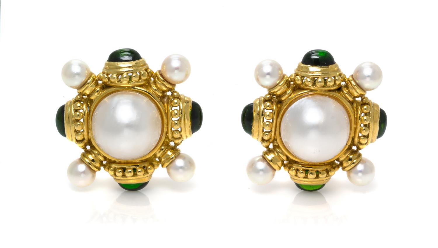 A Pair of 18 Karat Yellow Gold, Mabe Pearl, Cultured Pearl, and Chrome Diopside Earclips, 21.20 dwts.