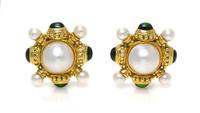 A Pair of 18 Karat Yellow Gold, Mabe Pearl, Cultured Pearl, and Chrome Diopside Earclips, 21.20 dwts.