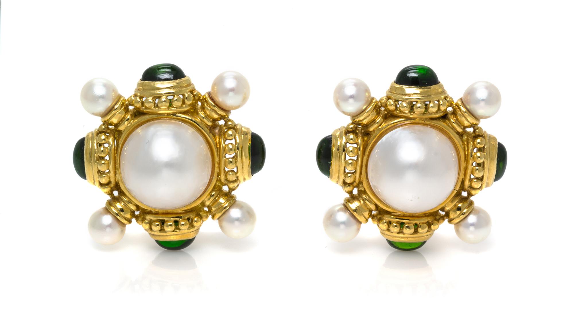 A Pair of 18 Karat Yellow Gold, Mabe Pearl, Cultured Pearl, and Chrome Diopside Earclips, 21.20 dwts.