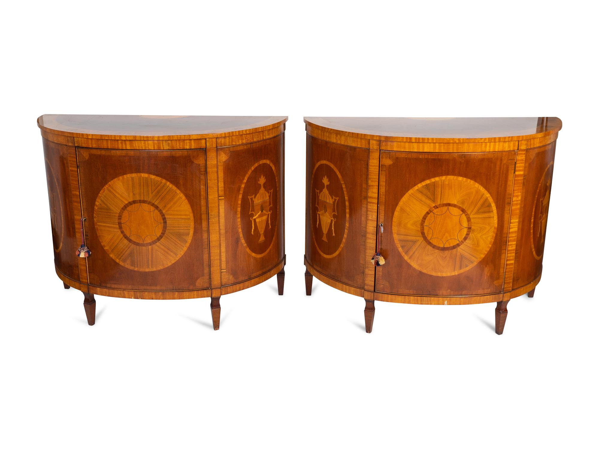 A Pair of George III Style Inlaid Mahogany Demilune Commodes — 20TH CENTURY