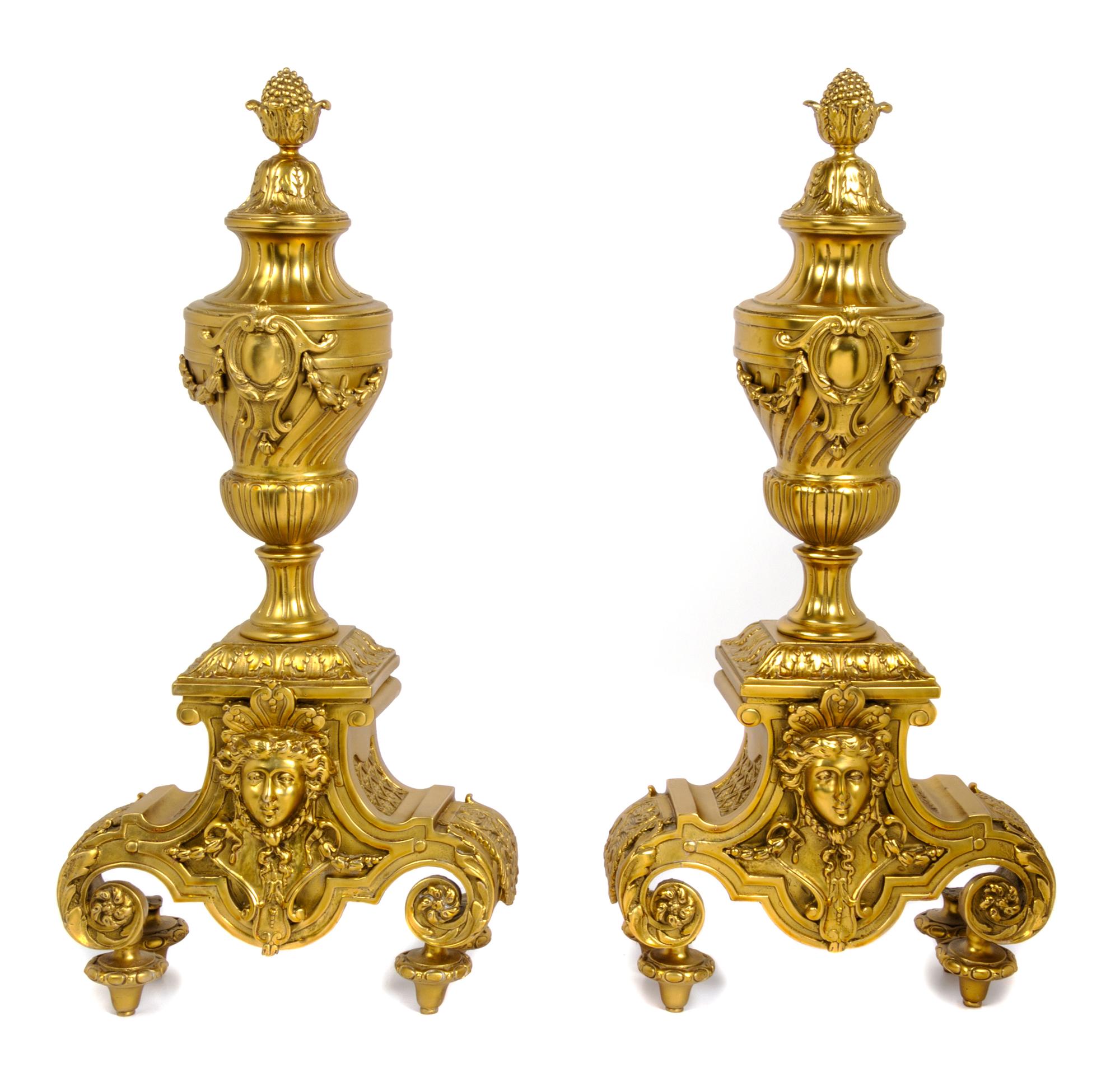 Pair of Napoleon III Style Gilt Bronze Chenets Height 22 3/4 inches. — LATE 19TH CENTURY