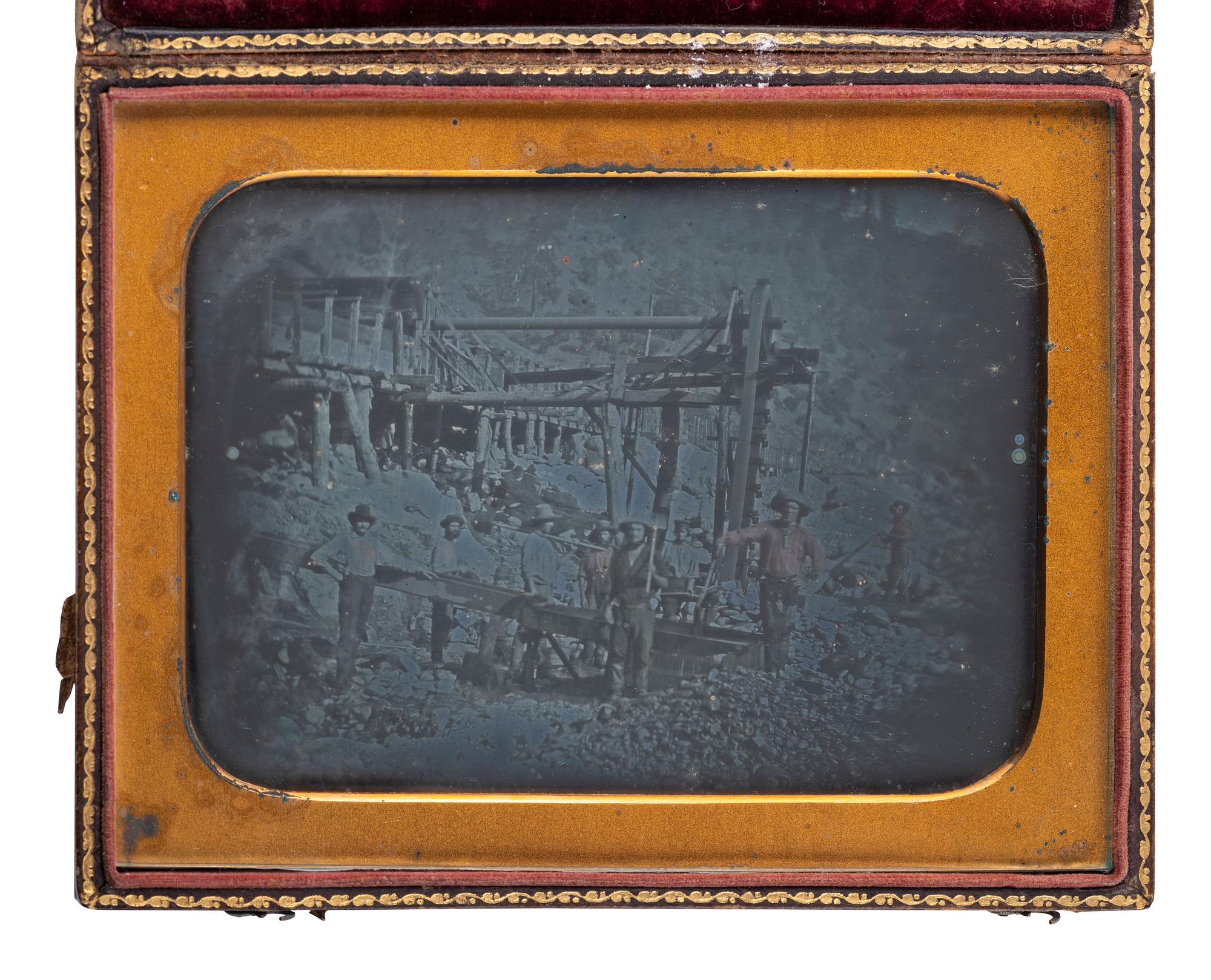 [WESTERN AMERICANA - MINING]. JOHNSON, George M., photographer. Half plate daguerreotype of California gold miners. Ca 1852.