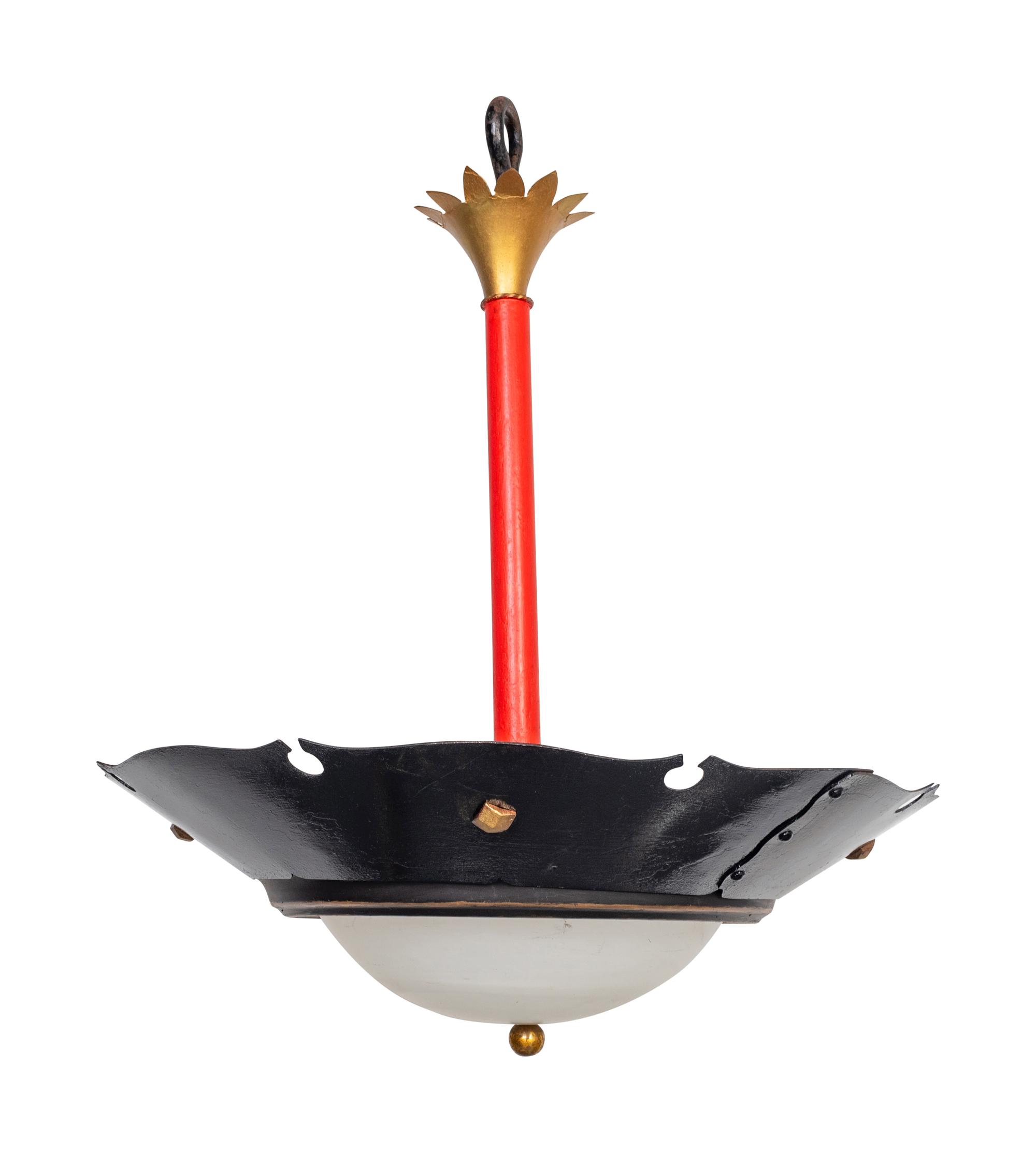 A Pair of Black Tole and Opaque Glass Hanging Lamps — 20TH CENTURY