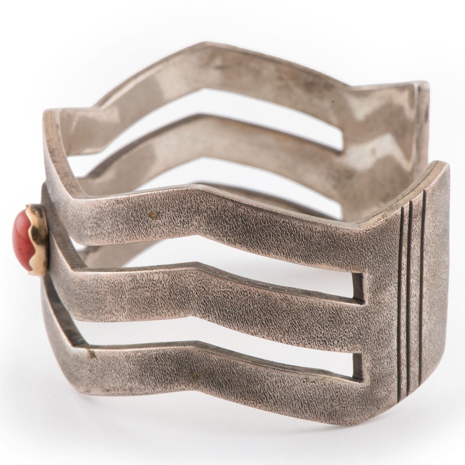 Silver Cuff Bracelet Accented with 14k Gold and Coral