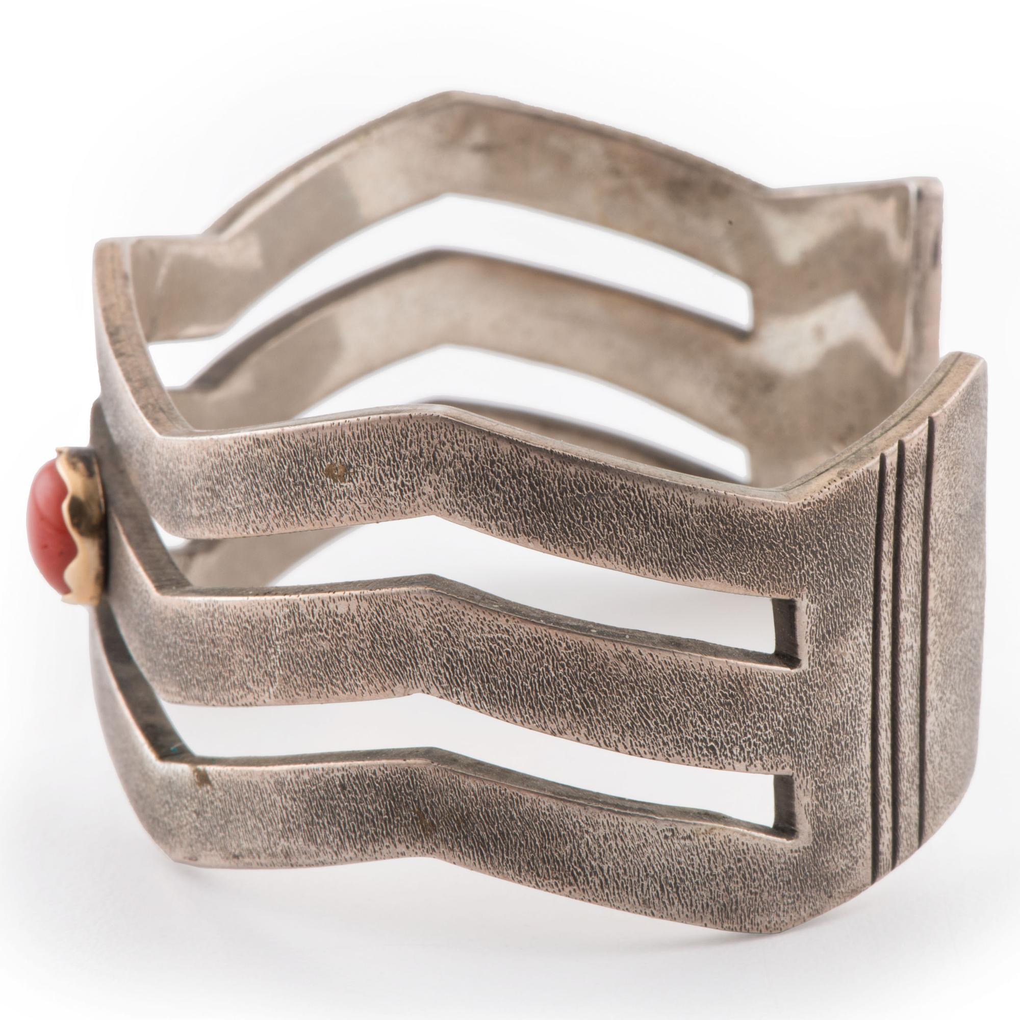 Silver Cuff Bracelet Accented with 14k Gold and Coral