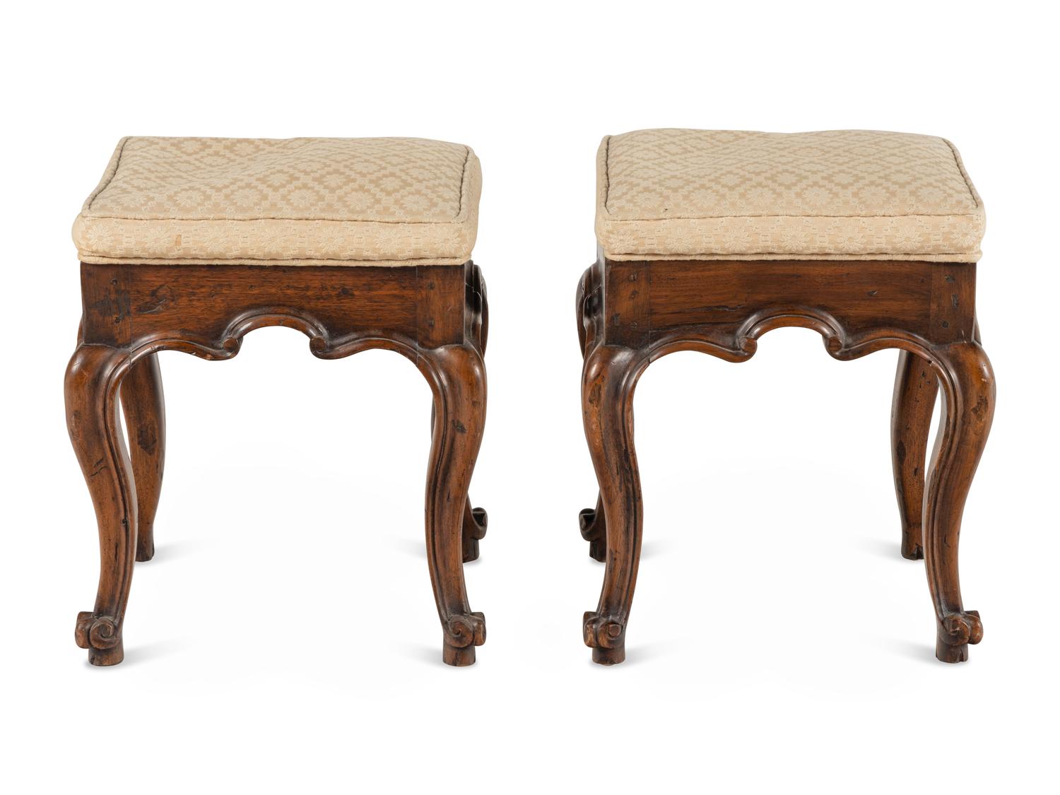 A Pair of Italian Carved Walnut Tabourets