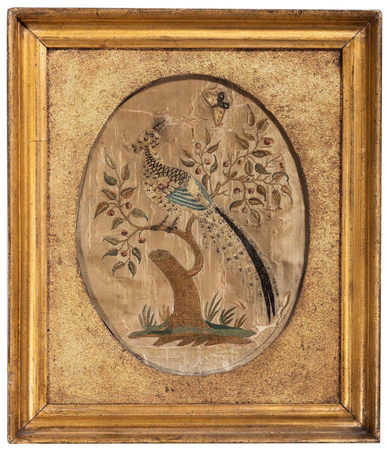 A Pair of Needlework Embroidered Pictures of Perched Birds with Butterflies