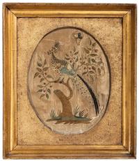 A Pair of Needlework Embroidered Pictures of Perched Birds with Butterflies