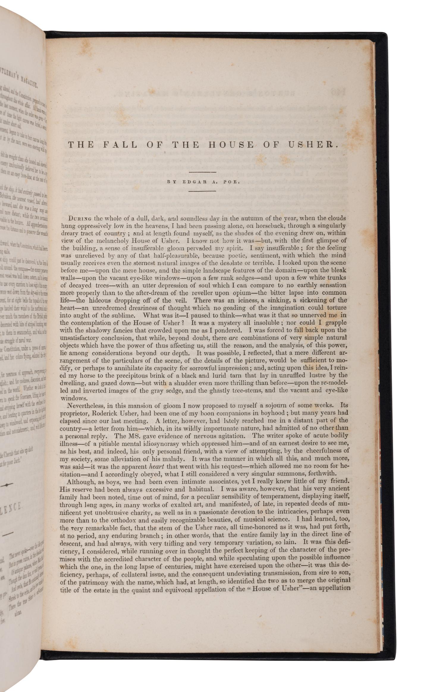 POE, Edgar Allan (1809-1849). "The Fall of the House of Usher." Extracted from: Burton's Gentleman's Magazine and American Monthly Review , Vol. V-no.III. [Philadelphia: William Evans Burton], September 1839.